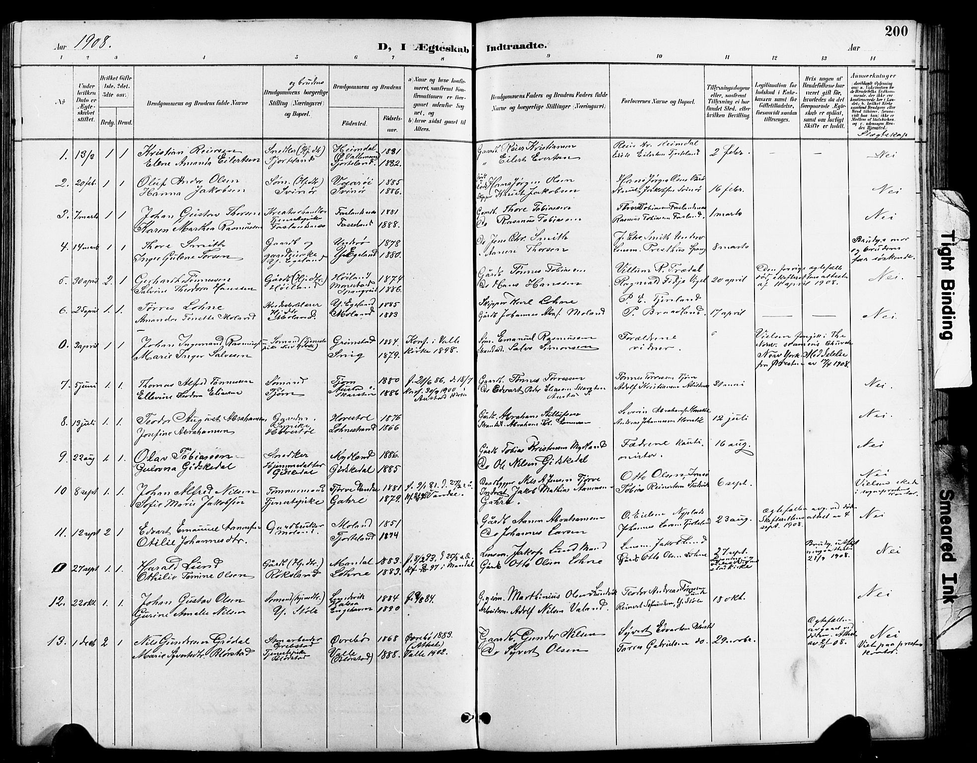 Sør-Audnedal sokneprestkontor, SAK/1111-0039/F/Fb/Fbb/L0006: Parish register (copy) no. B 6, 1893-1915, p. 200