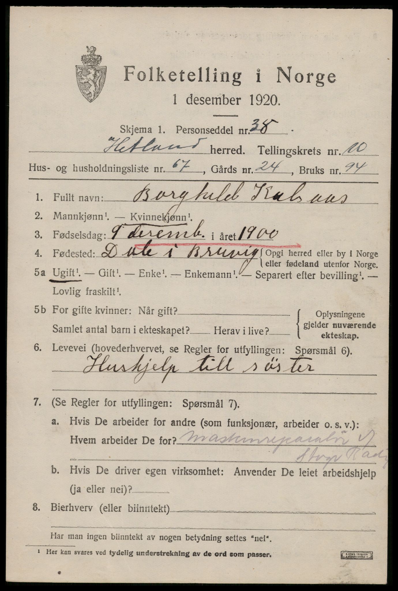 SAST, 1920 census for Hetland, 1920, p. 19929