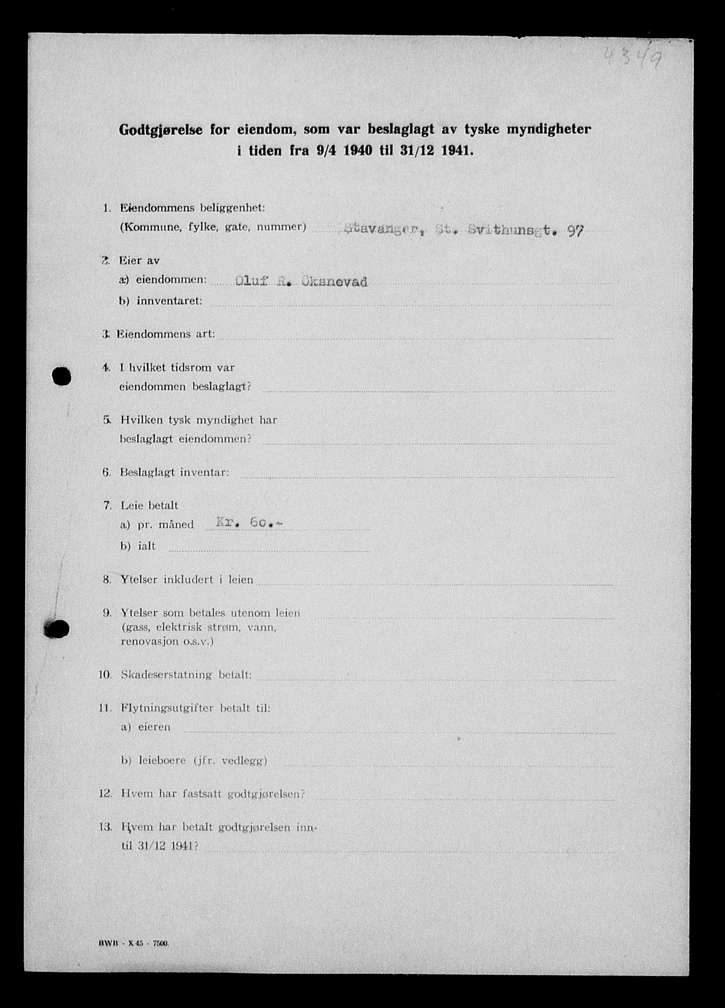Justisdepartementet, Tilbakeføringskontoret for inndratte formuer, RA/S-1564/I/L1014: Godtgjørelse for beslaglagt eiendom, 1940-1941, p. 157