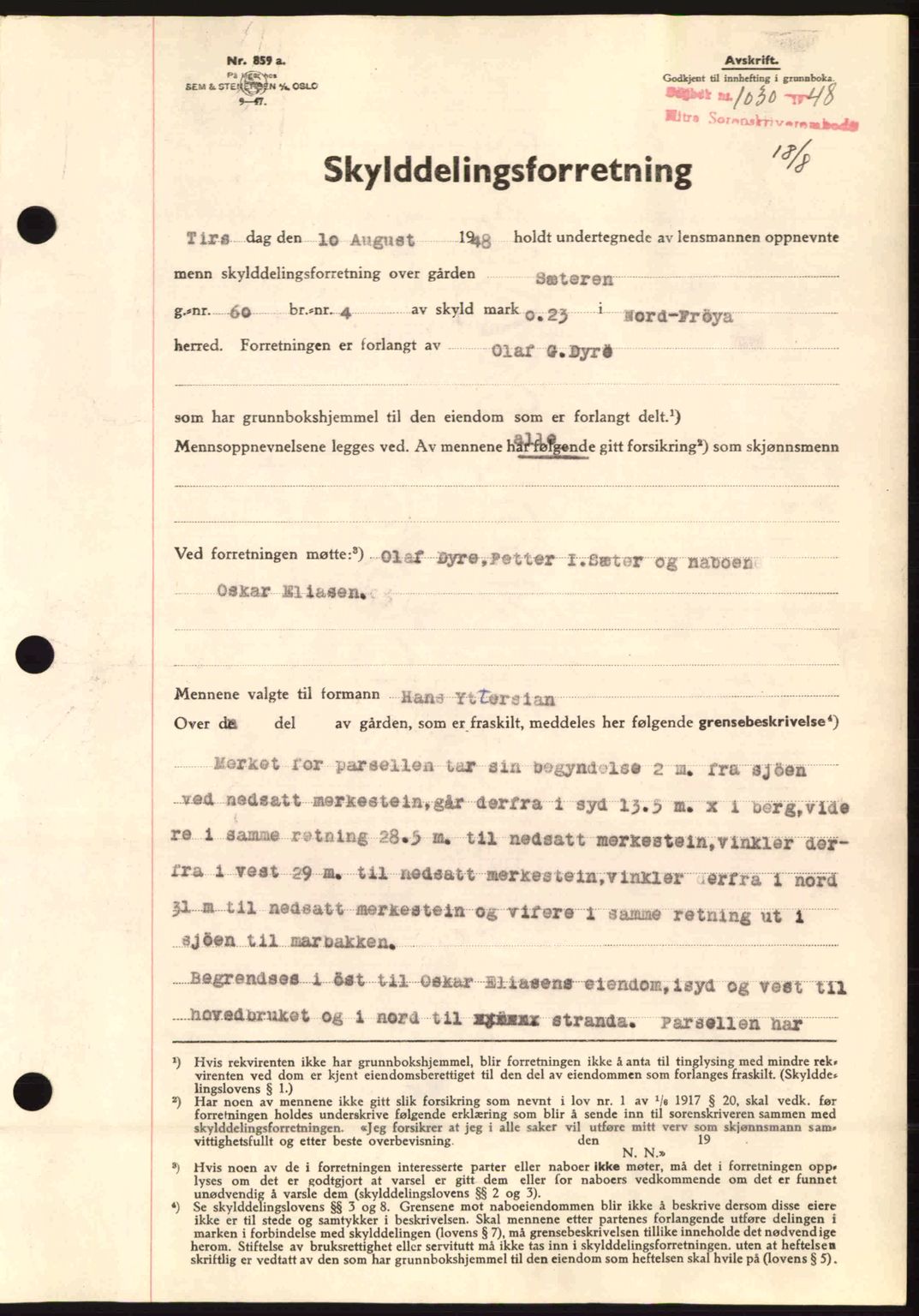 Hitra sorenskriveri, AV/SAT-A-0018/2/2C/2Ca: Mortgage book no. A5, 1947-1948, Diary no: : 1030/1948