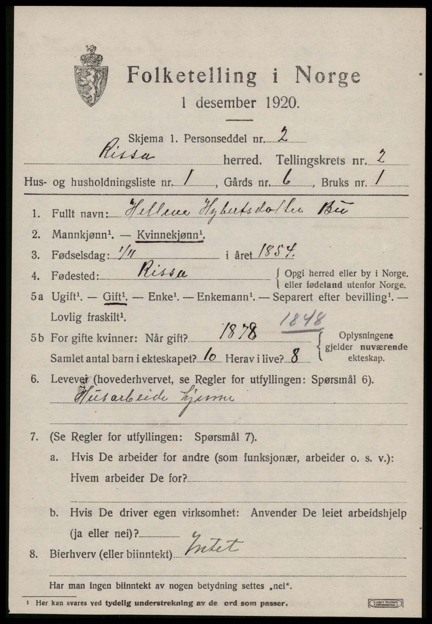 SAT, 1920 census for Rissa, 1920, p. 1613