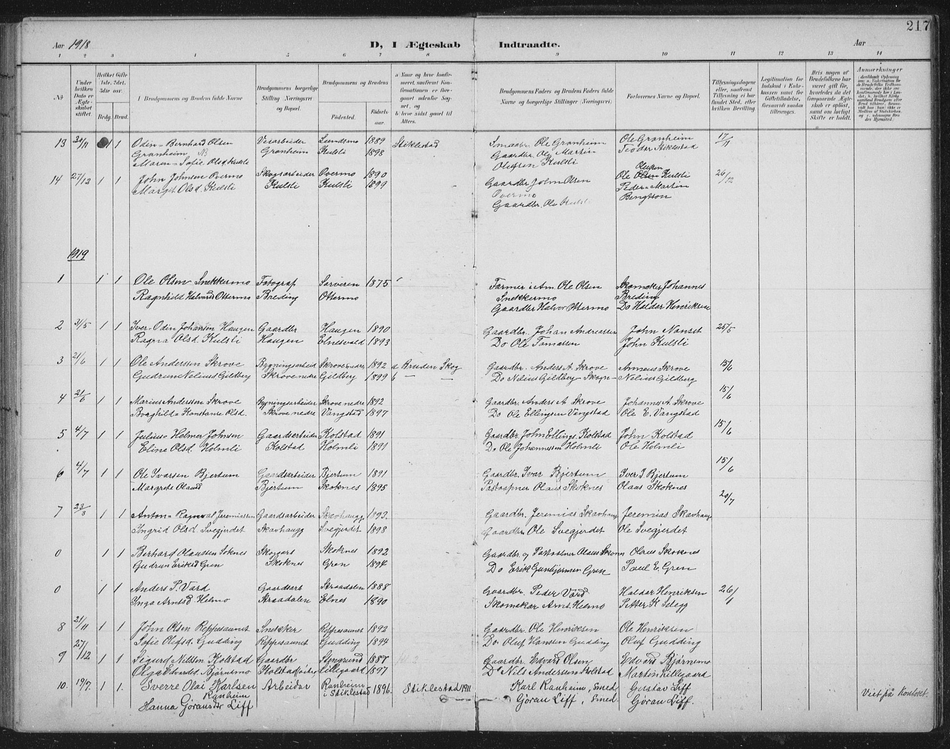 Ministerialprotokoller, klokkerbøker og fødselsregistre - Nord-Trøndelag, SAT/A-1458/724/L0269: Parish register (copy) no. 724C05, 1899-1920, p. 217