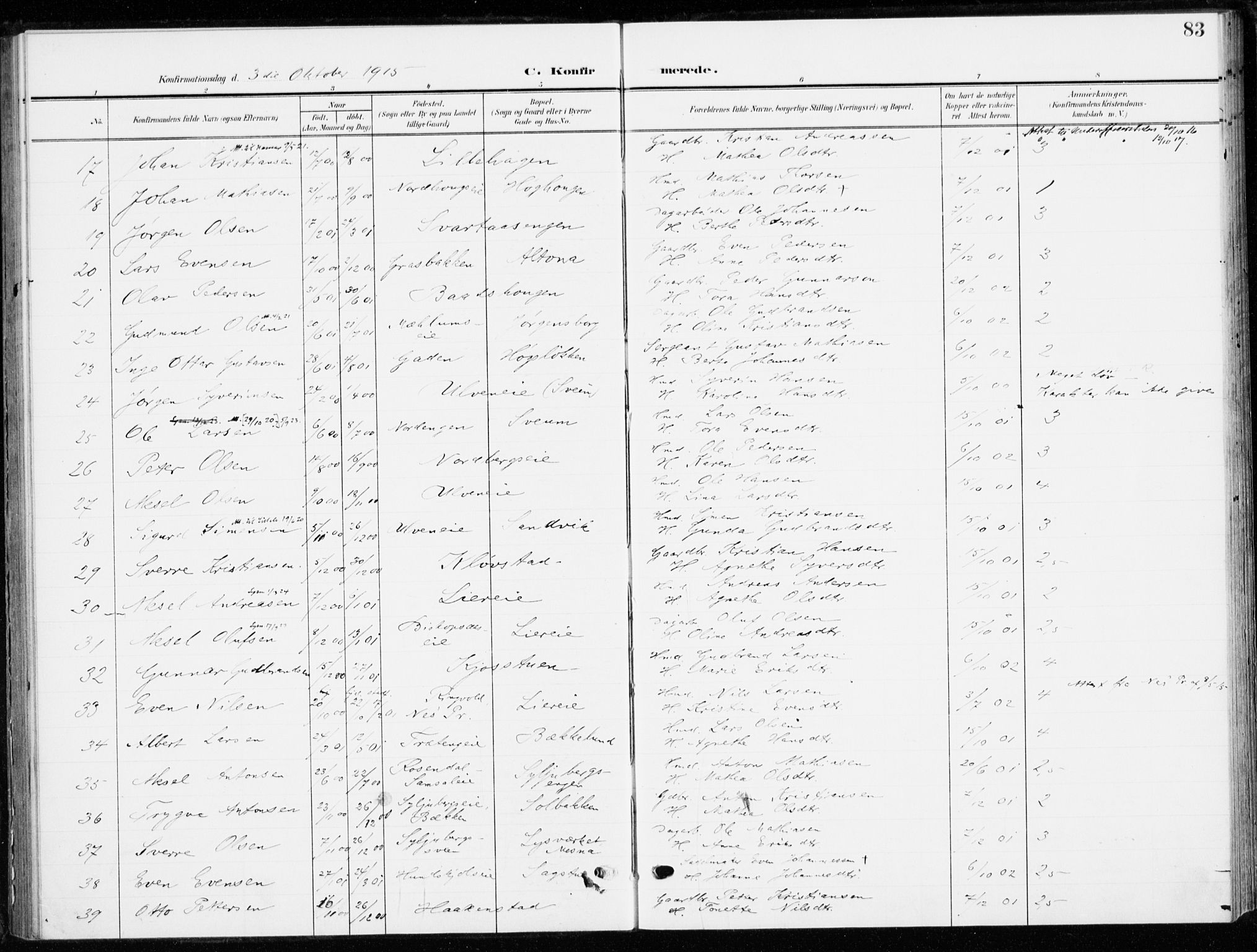 Ringsaker prestekontor, SAH/PREST-014/K/Ka/L0021: Parish register (official) no. 21, 1905-1920, p. 83