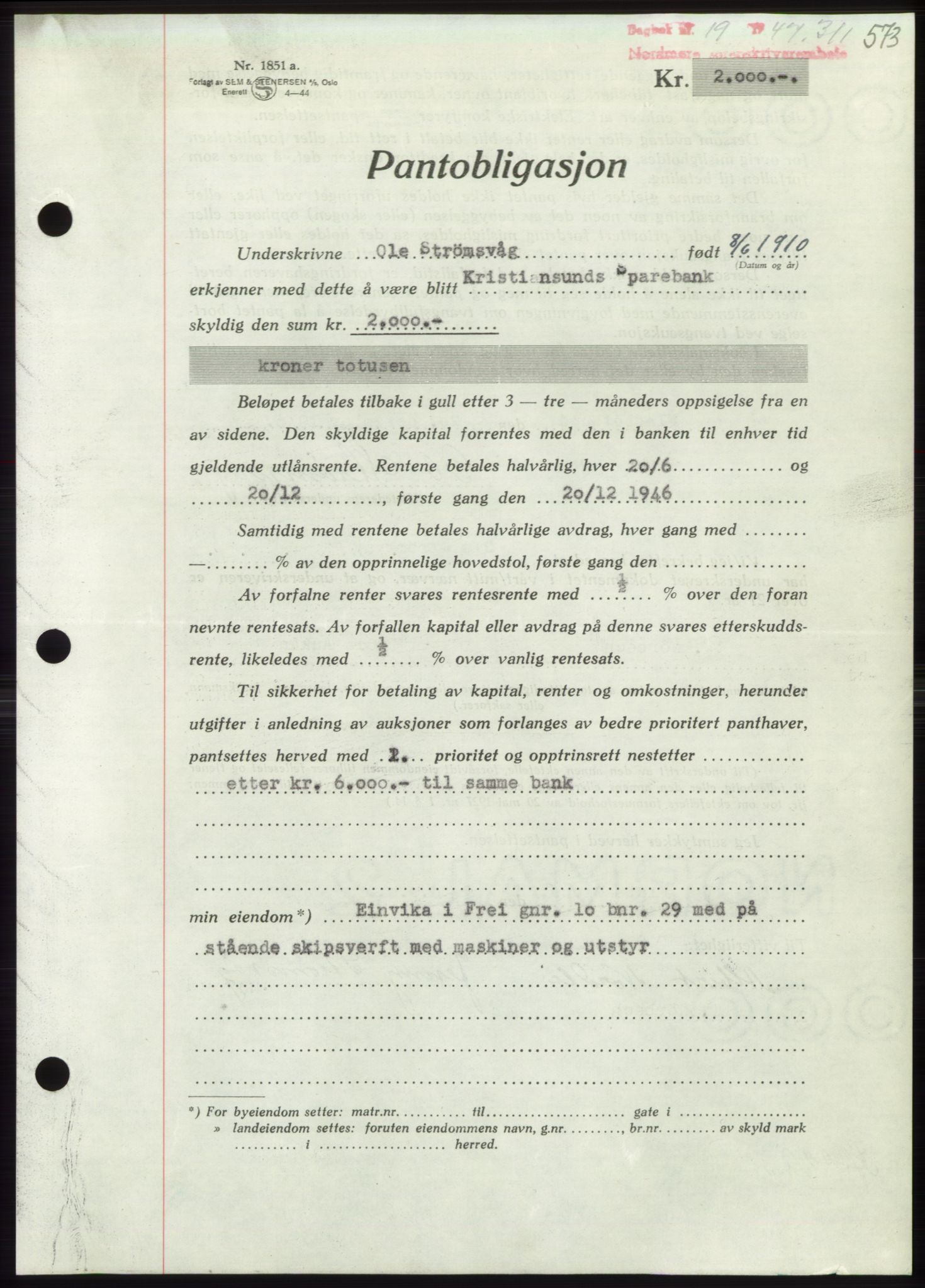 Nordmøre sorenskriveri, AV/SAT-A-4132/1/2/2Ca: Mortgage book no. B95, 1946-1947, Diary no: : 19/1947