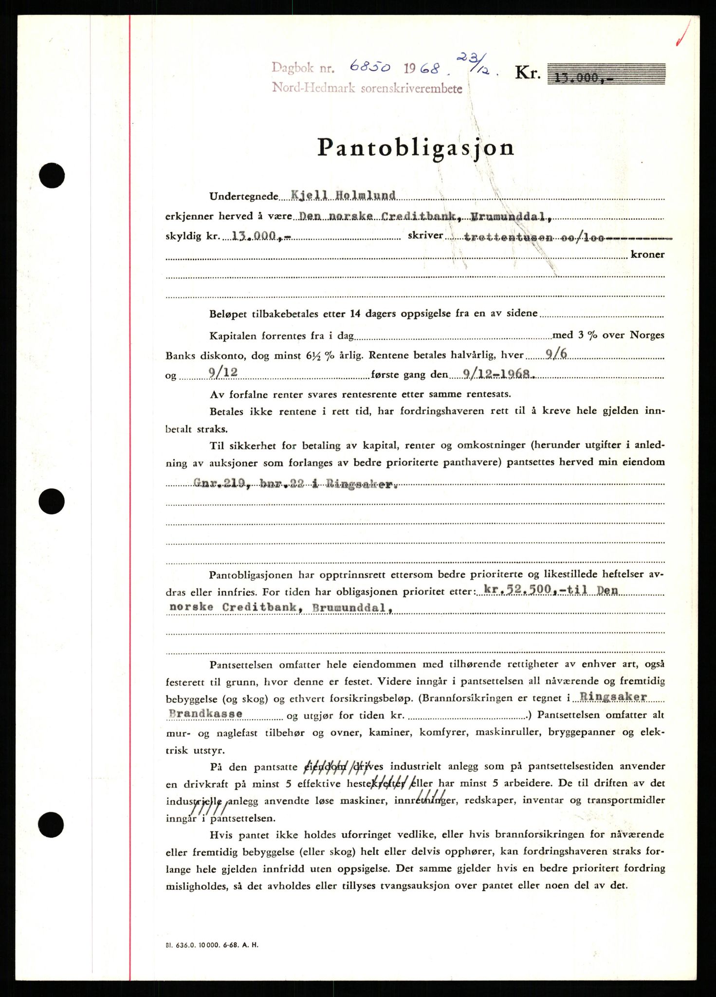 Nord-Hedmark sorenskriveri, SAH/TING-012/H/Hb/Hbf/L0077: Mortgage book no. B77, 1968-1969, Diary no: : 6850/1968