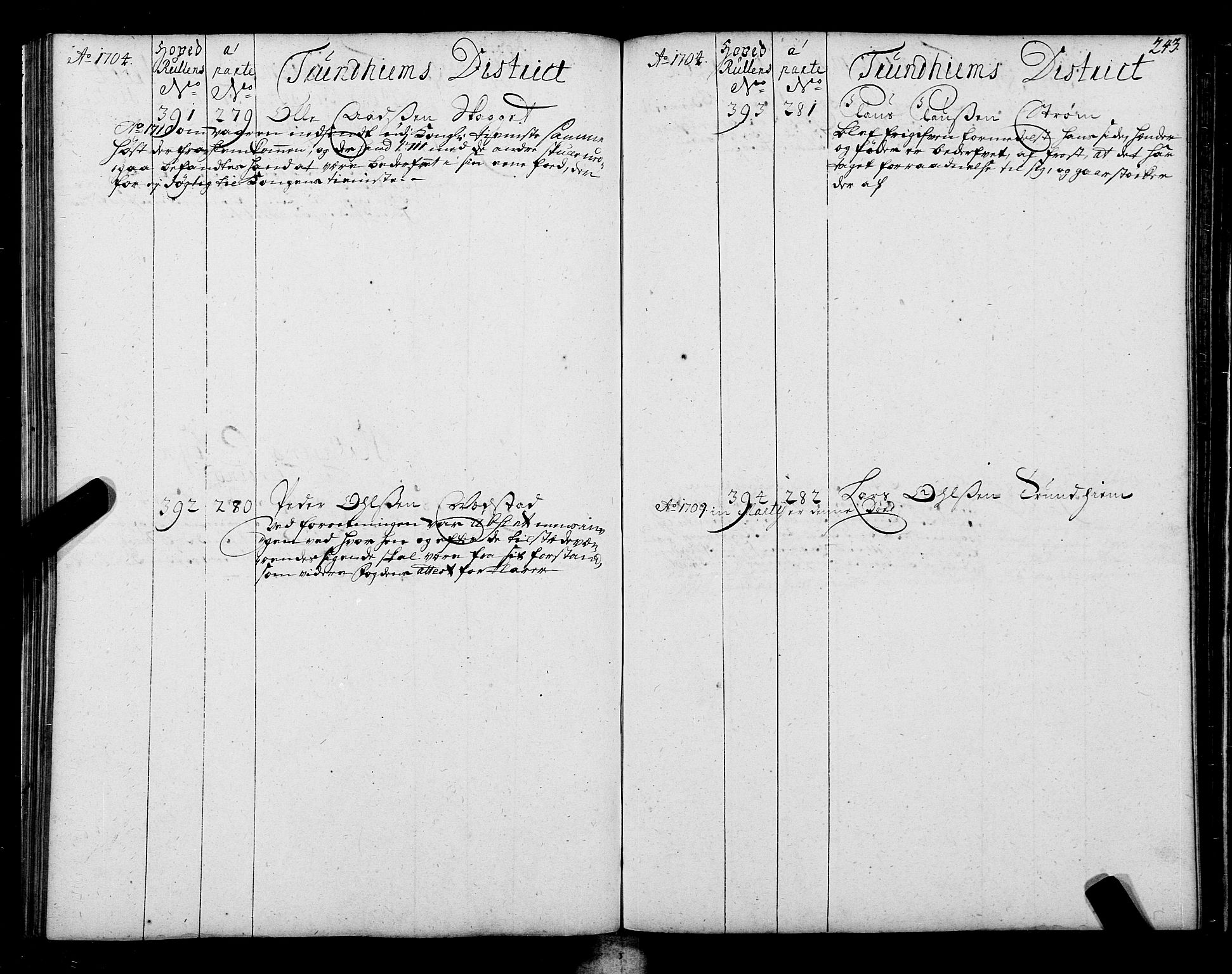 Sjøinnrulleringen - Trondhjemske distrikt, SAT/A-5121/01/L0004: Ruller over sjøfolk i Trondhjem by, 1704-1710, p. 243