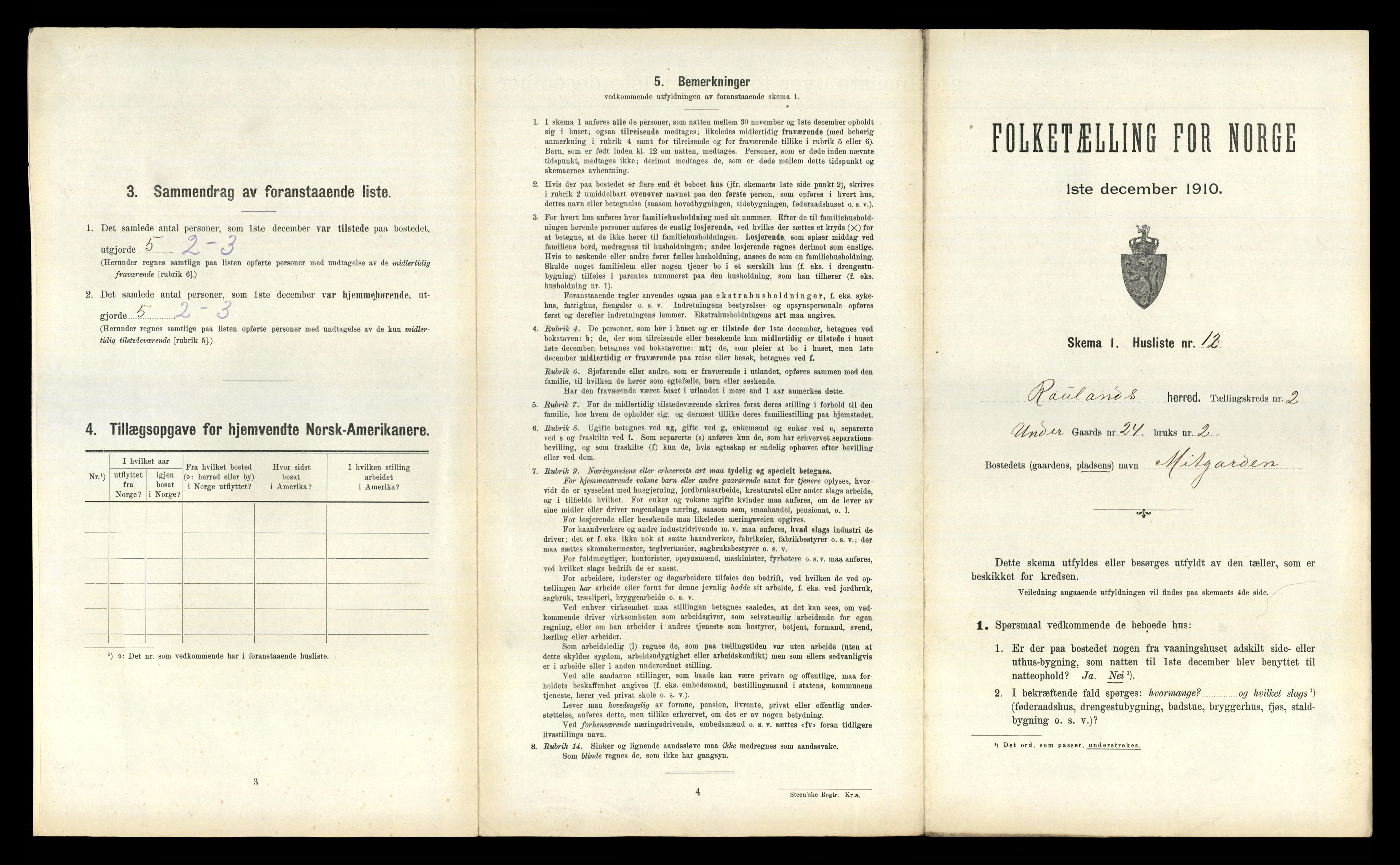 RA, 1910 census for Rauland, 1910, p. 109