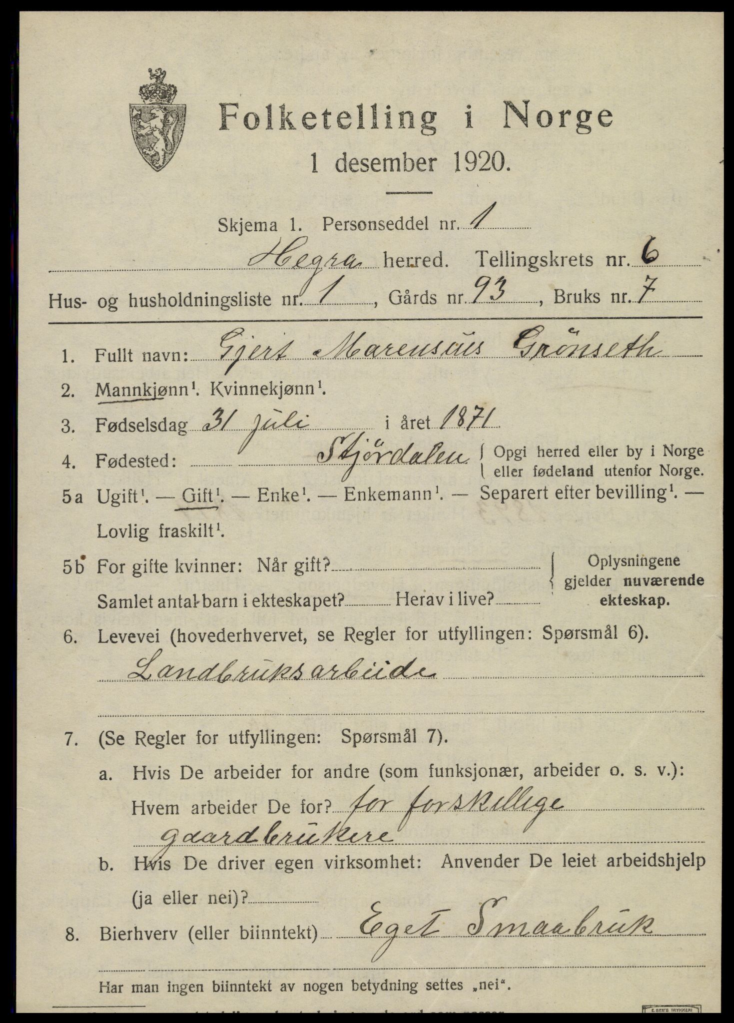 SAT, 1920 census for Hegra, 1920, p. 4856