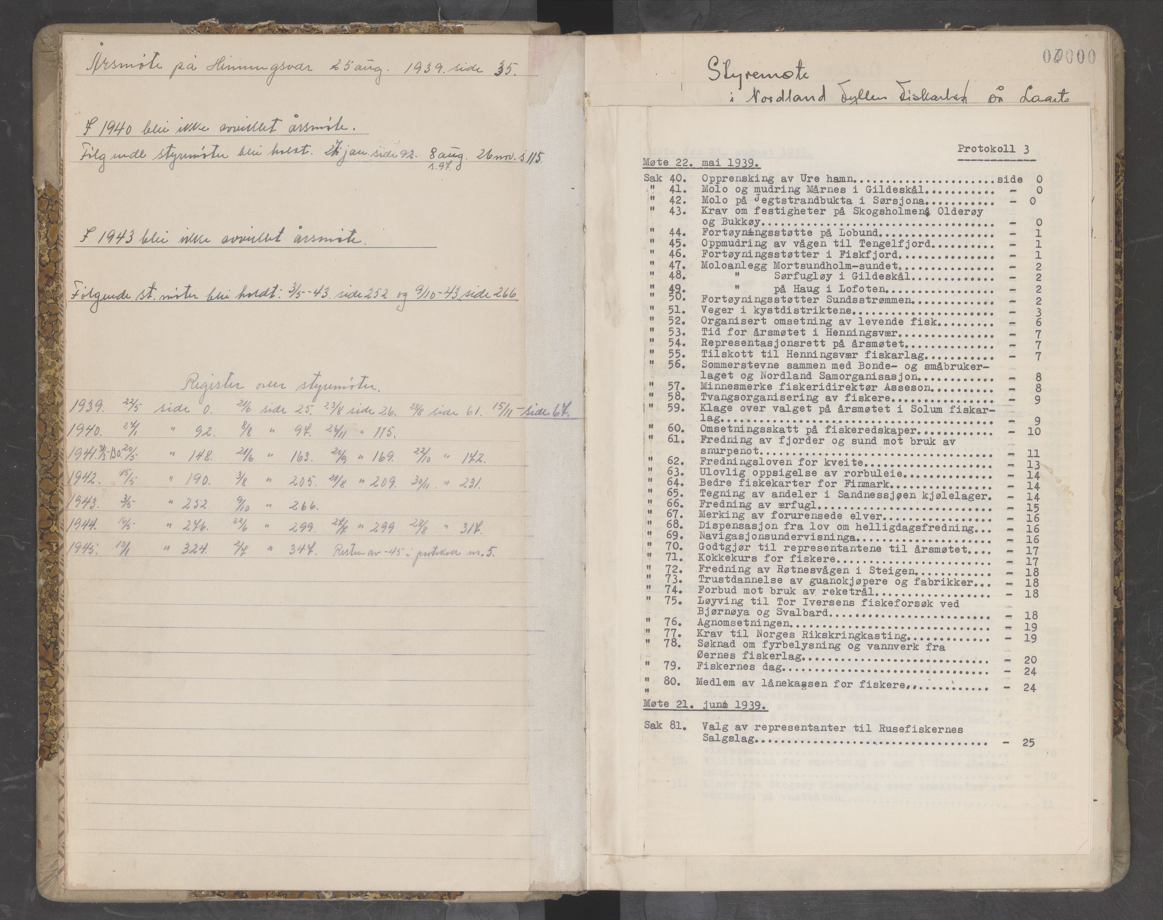 Nordland Fylkes Fiskarlag, AIN/NA024/100/L0003: Styre- og årsmøteprotokoll for Nordland Fylkes Fiskarlag, 1939-1945