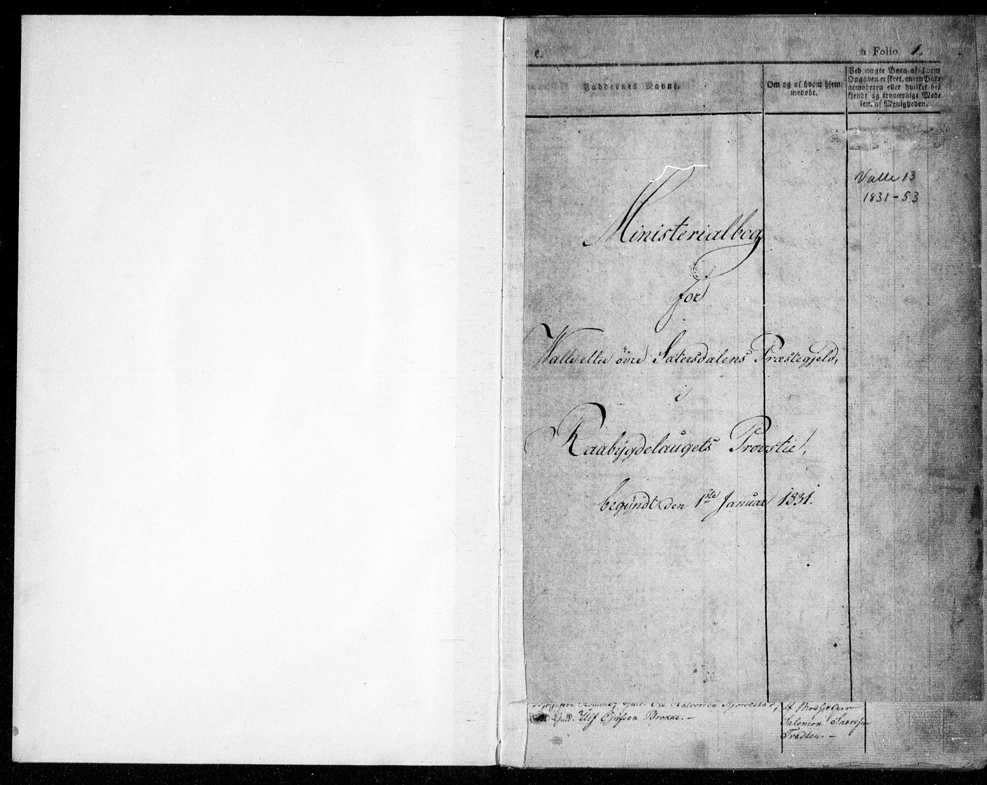 Valle sokneprestkontor, SAK/1111-0044/F/Fa/Fac/L0006: Parish register (official) no. A 6, 1831-1853, p. 1