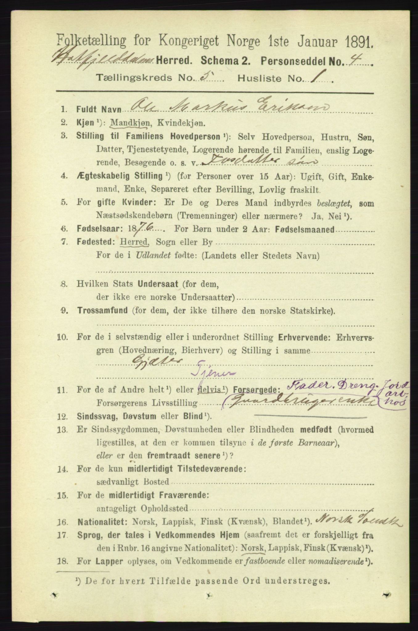 RA, 1891 census for 1826 Hattfjelldal, 1891, p. 1132