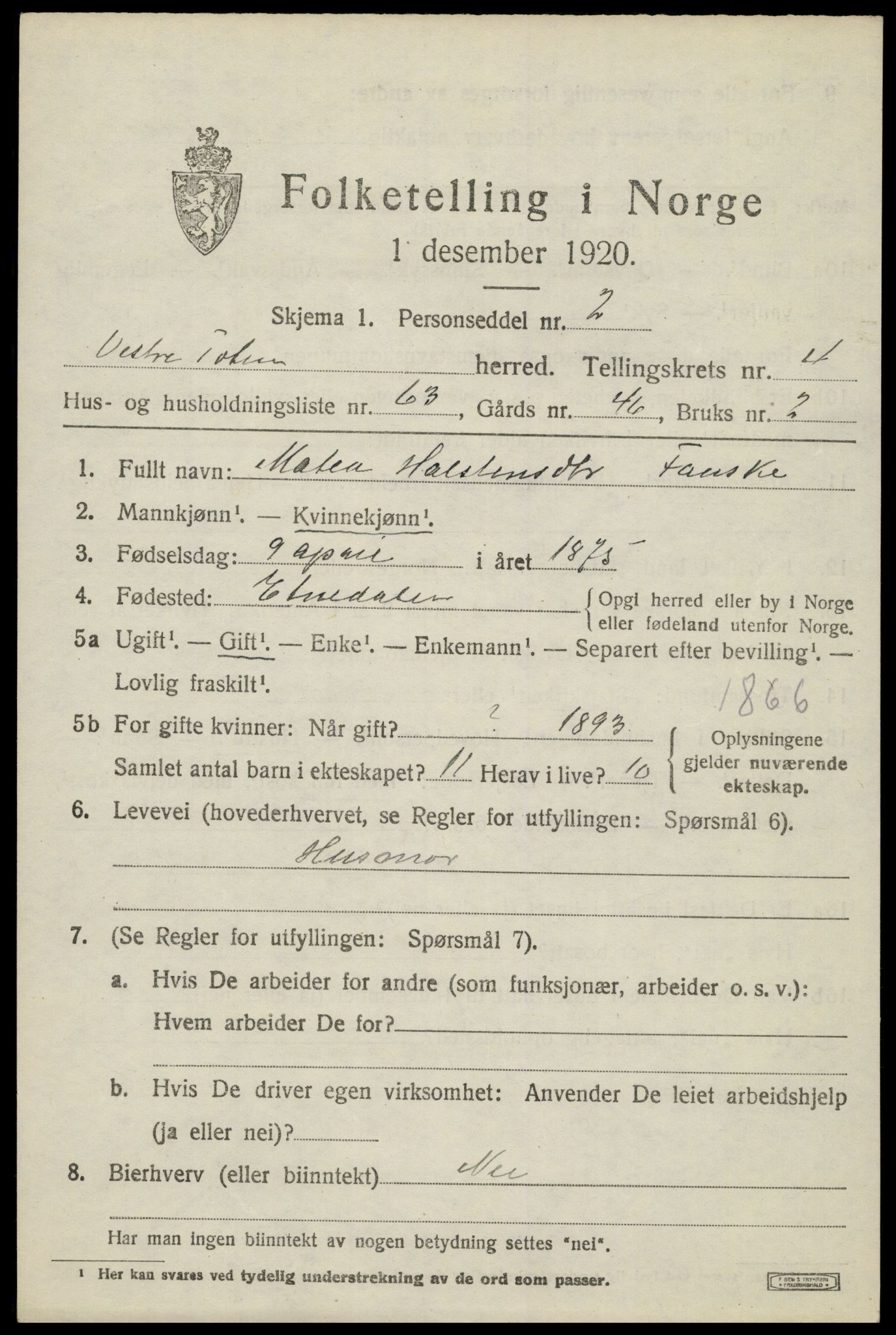 SAH, 1920 census for Vestre Toten, 1920, p. 6928