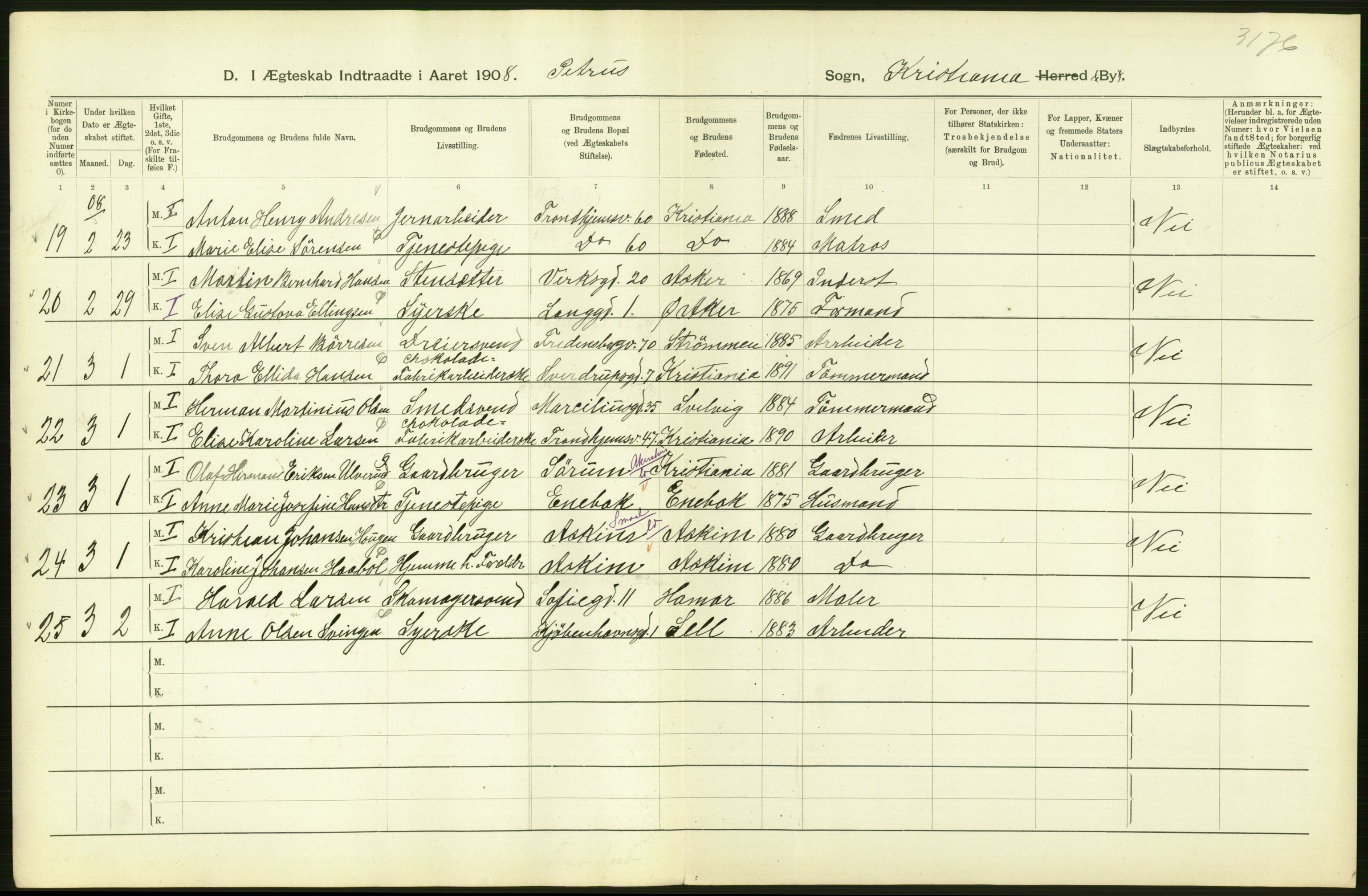 Statistisk sentralbyrå, Sosiodemografiske emner, Befolkning, AV/RA-S-2228/D/Df/Dfa/Dfaf/L0007: Kristiania: Gifte, 1908, p. 44