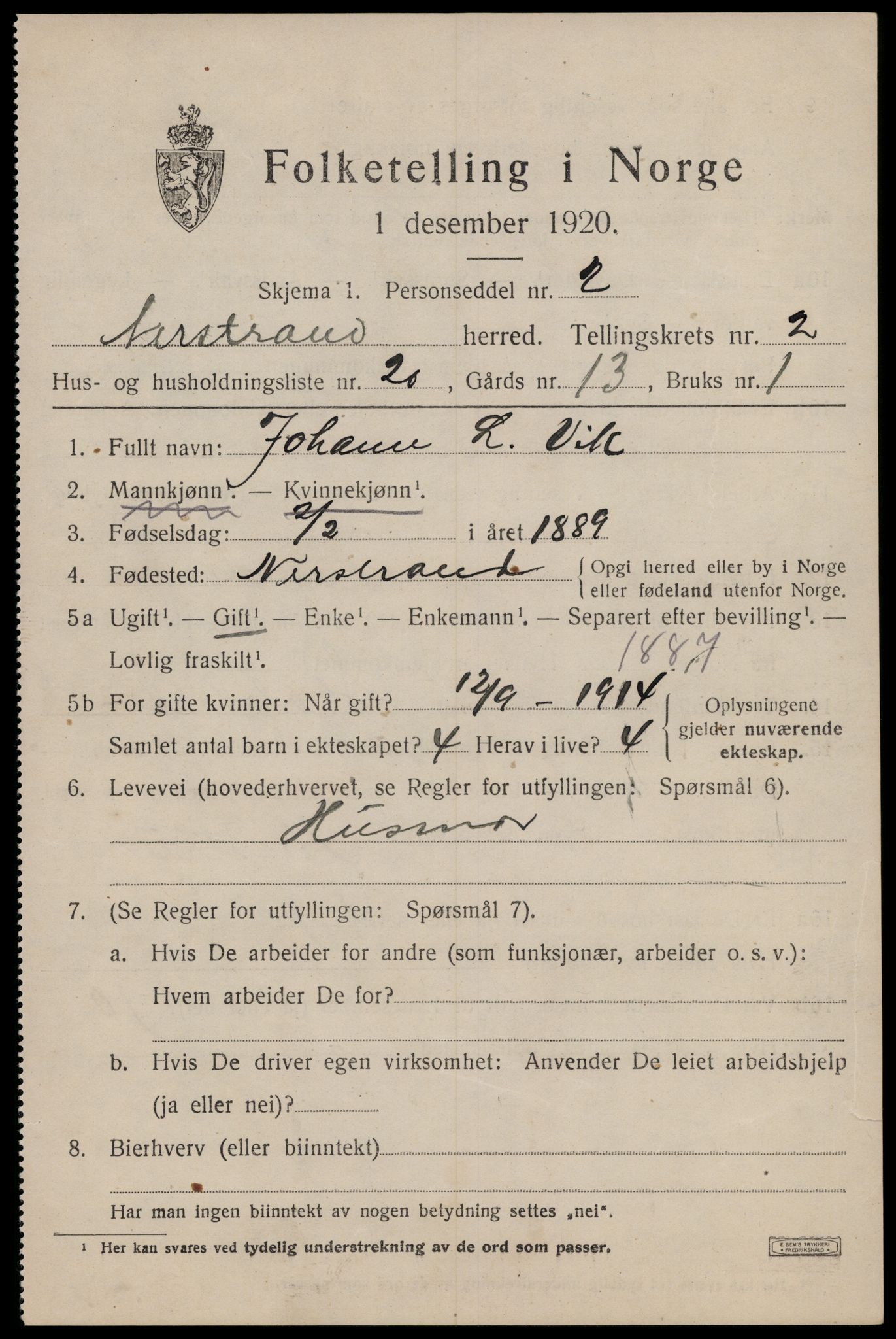 SAST, 1920 census for Nedstrand, 1920, p. 1187