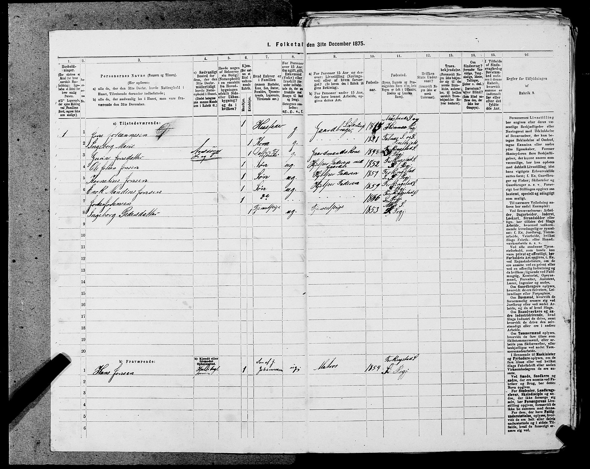 SAST, 1875 census for 1150L Skudenes/Falnes, Åkra og Ferkingstad, 1875, p. 1052