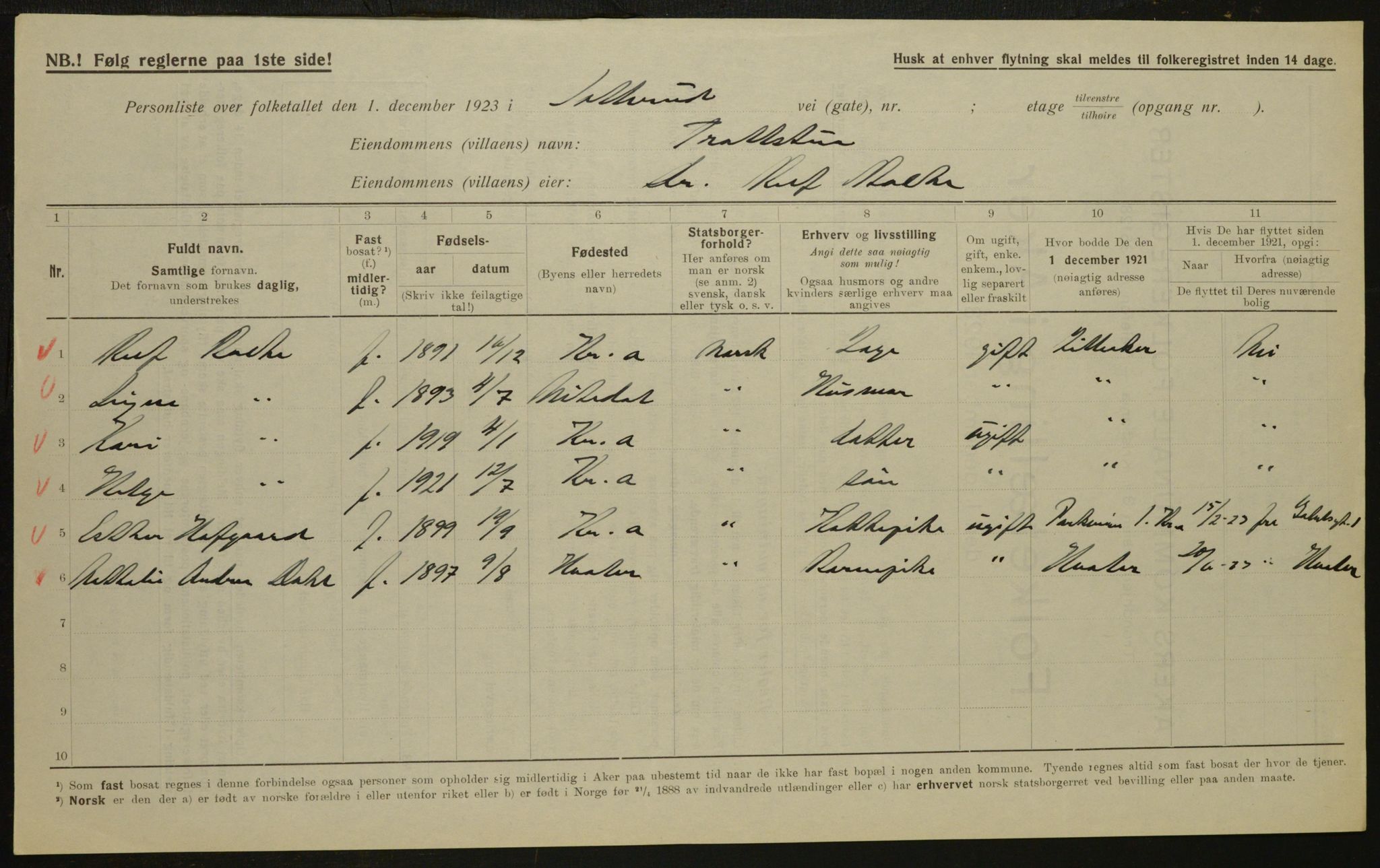 , Municipal Census 1923 for Aker, 1923, p. 5319