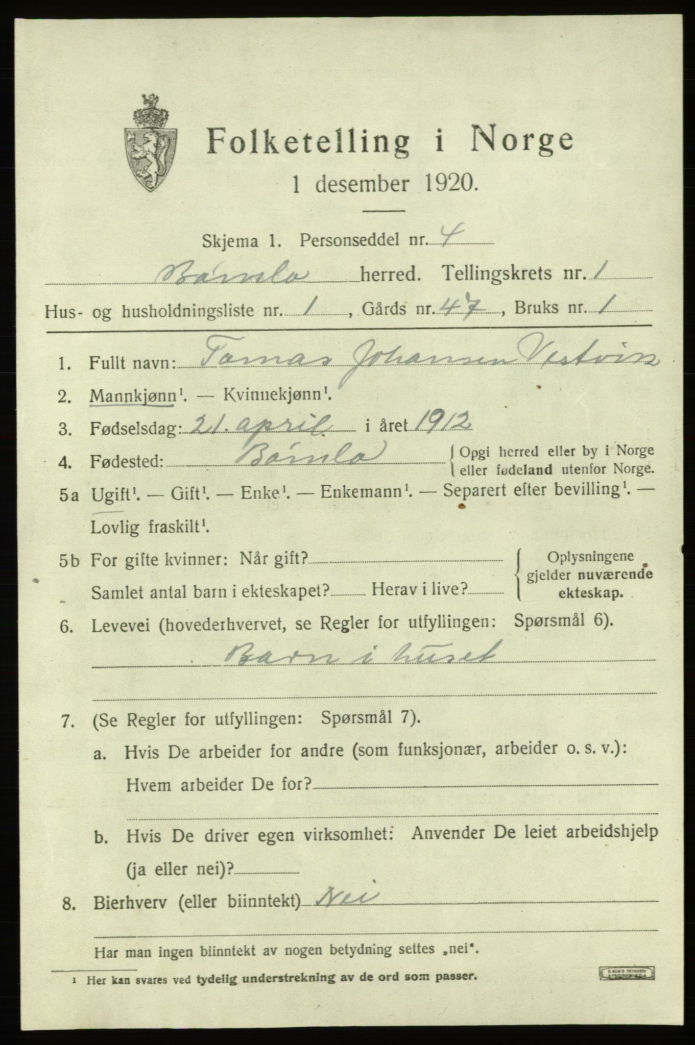 SAB, 1920 census for Bømlo, 1920, p. 453