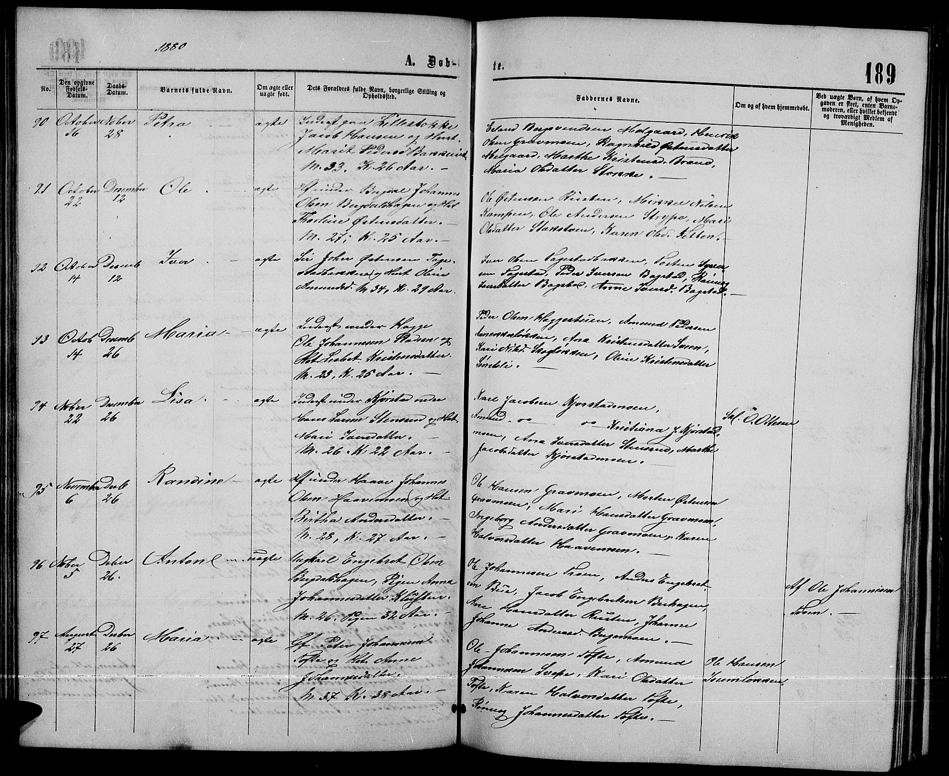 Sør-Fron prestekontor, SAH/PREST-010/H/Ha/Hab/L0002: Parish register (copy) no. 2, 1864-1883, p. 189