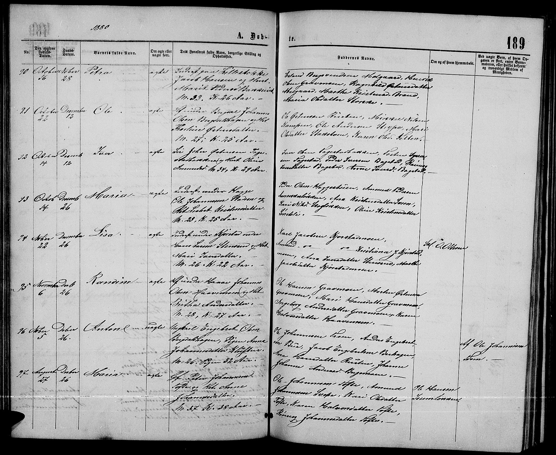 Sør-Fron prestekontor, AV/SAH-PREST-010/H/Ha/Hab/L0002: Parish register (copy) no. 2, 1864-1883, p. 189