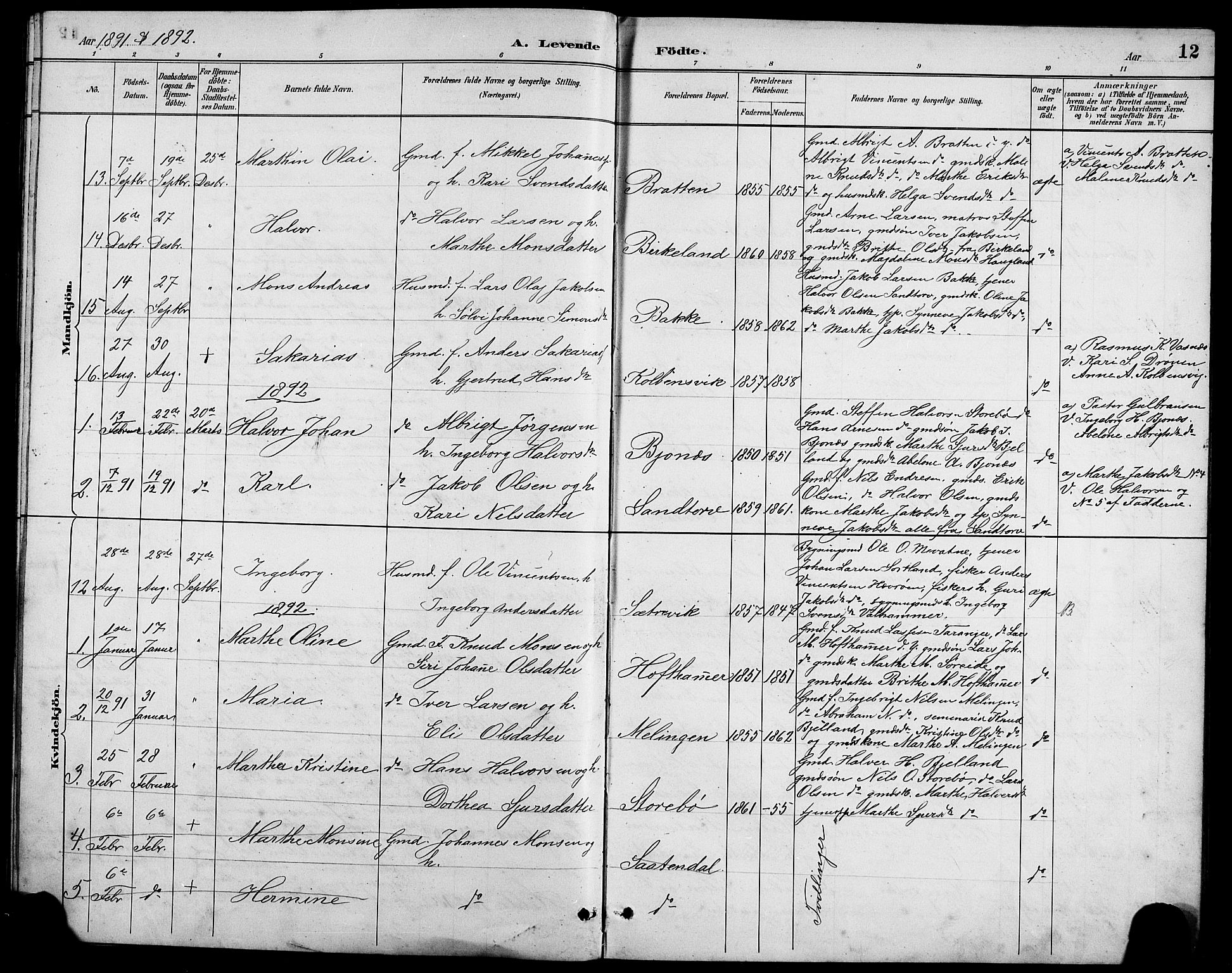 Austevoll Sokneprestembete, SAB/A-74201/H/Hab: Parish register (copy) no. A 3, 1889-1900, p. 12