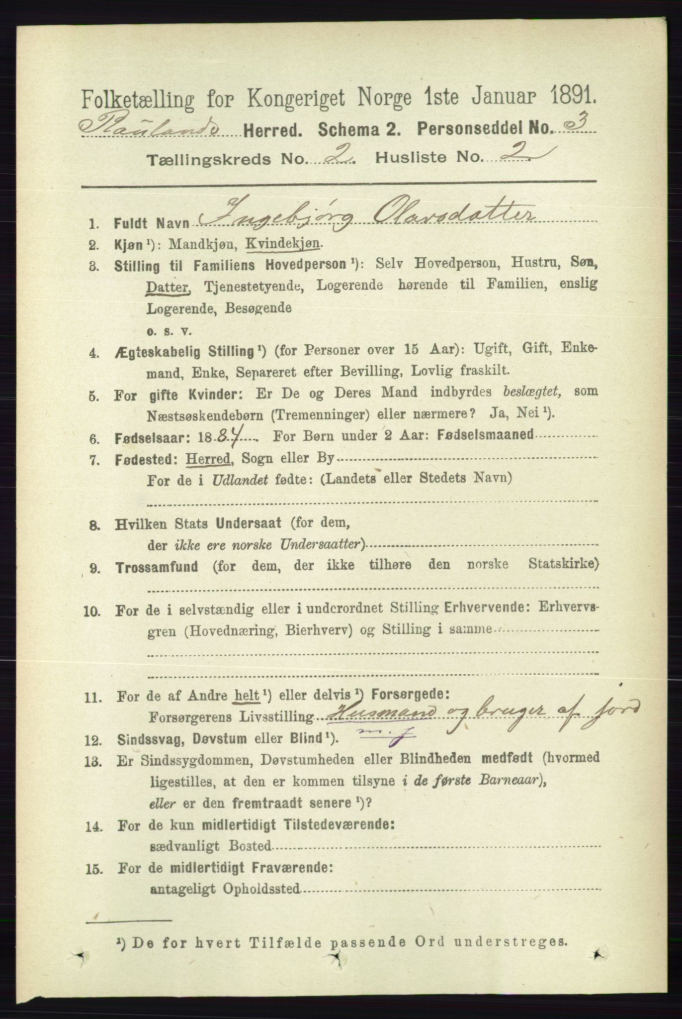 RA, 1891 census for 0835 Rauland, 1891, p. 263