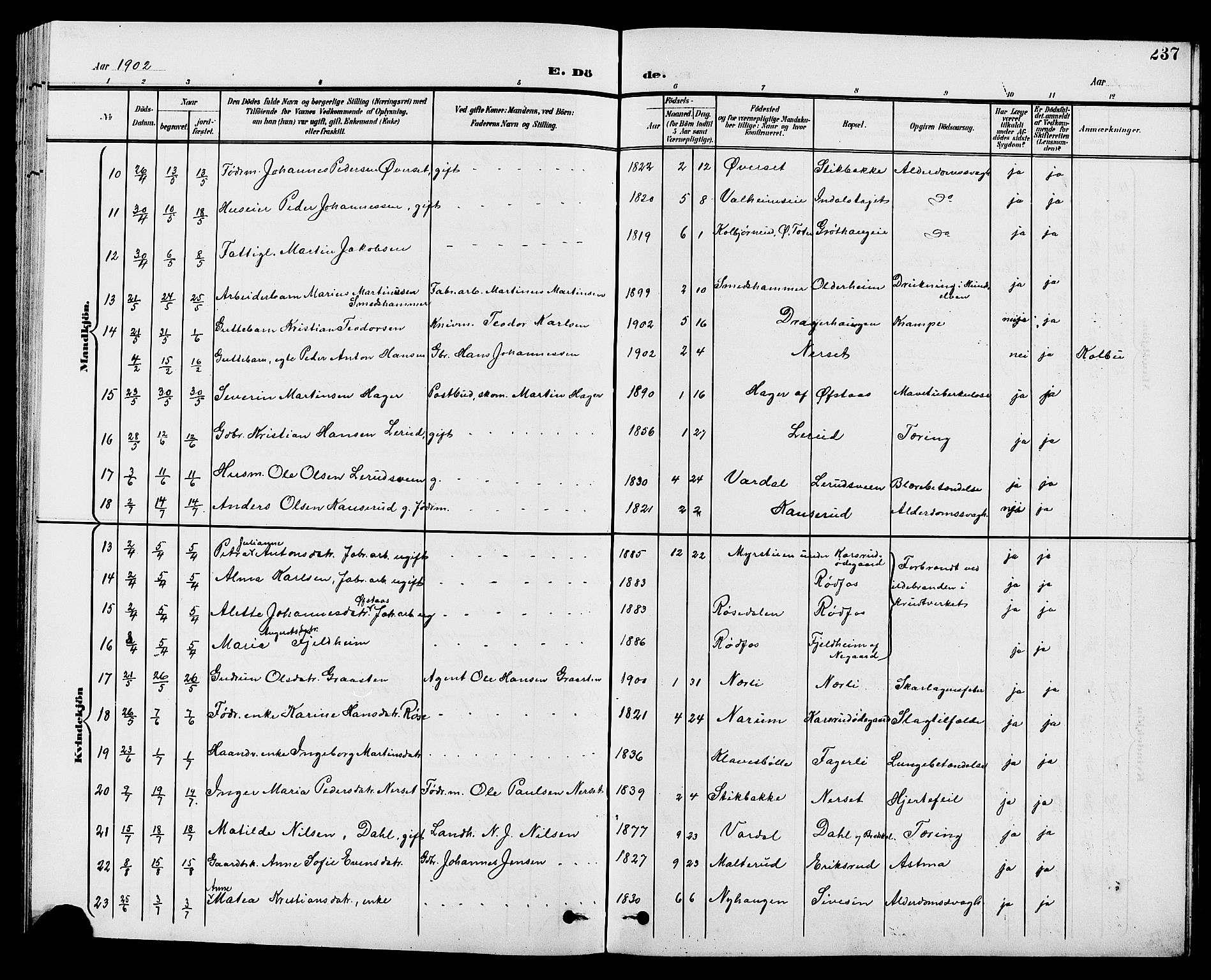 Vestre Toten prestekontor, AV/SAH-PREST-108/H/Ha/Hab/L0010: Parish register (copy) no. 10, 1900-1912, p. 237