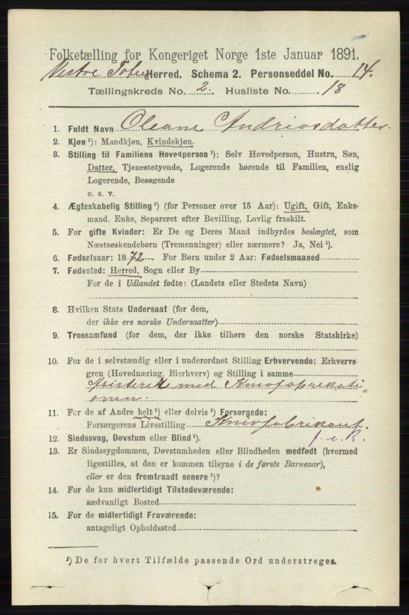 RA, 1891 census for 0529 Vestre Toten, 1891, p. 1498