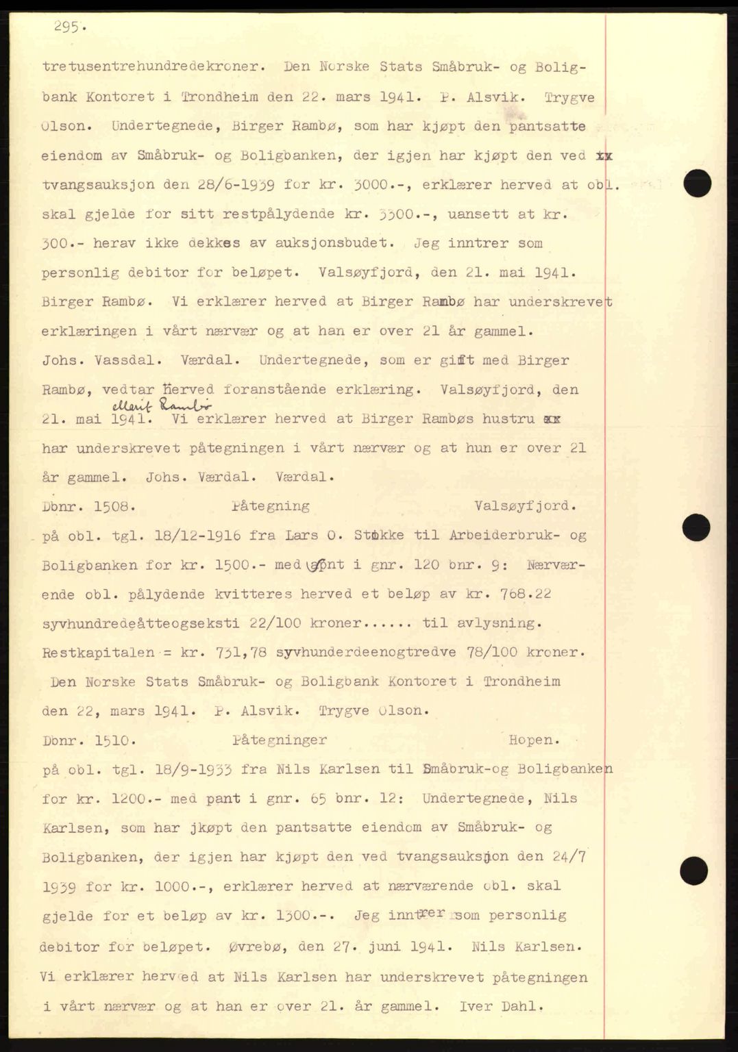 Nordmøre sorenskriveri, AV/SAT-A-4132/1/2/2Ca: Mortgage book no. C81, 1940-1945, Diary no: : 1508/1941