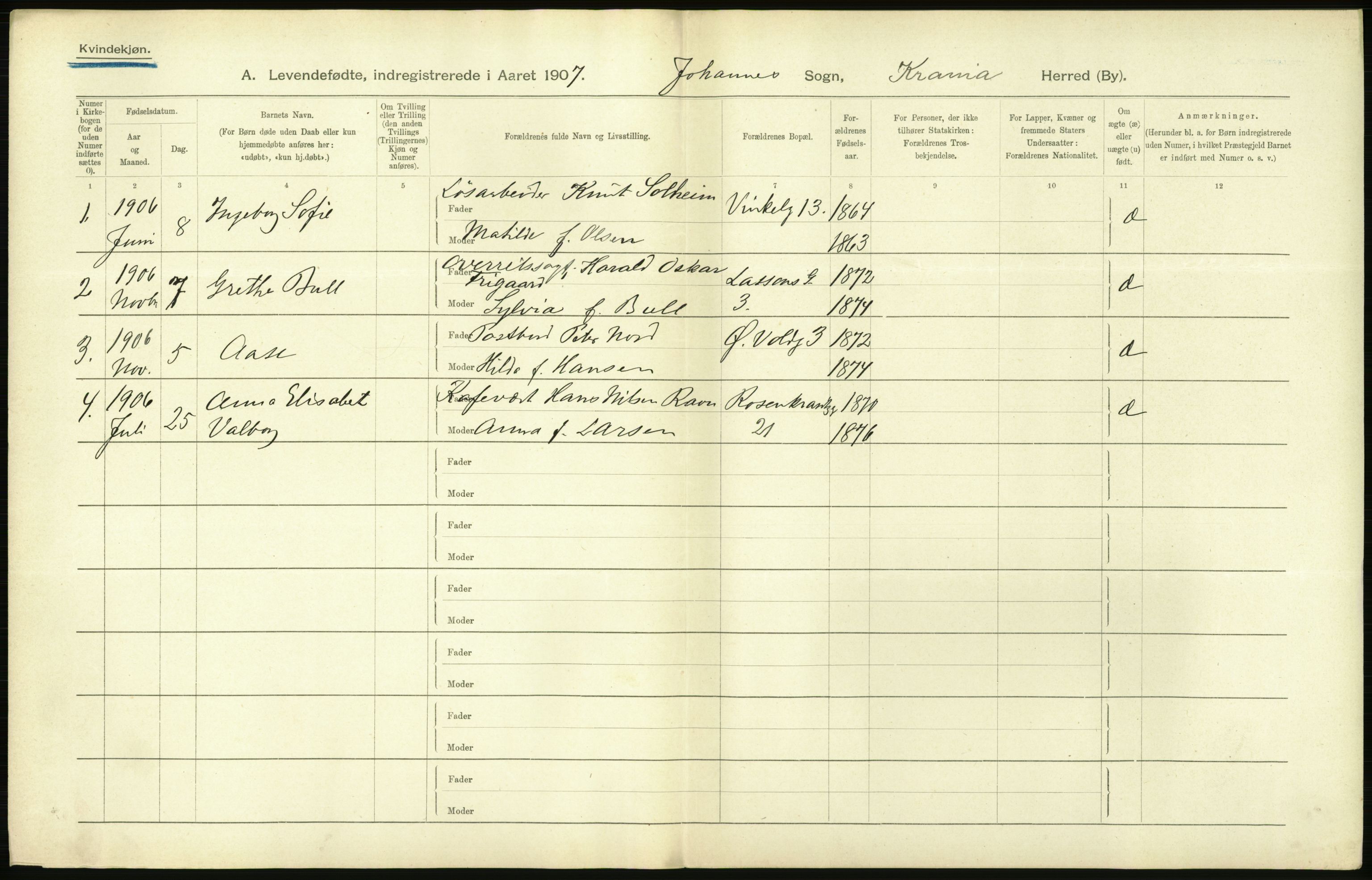 Statistisk sentralbyrå, Sosiodemografiske emner, Befolkning, AV/RA-S-2228/D/Df/Dfa/Dfae/L0006: Kristiania: Levendefødte menn og kvinner., 1907, p. 438