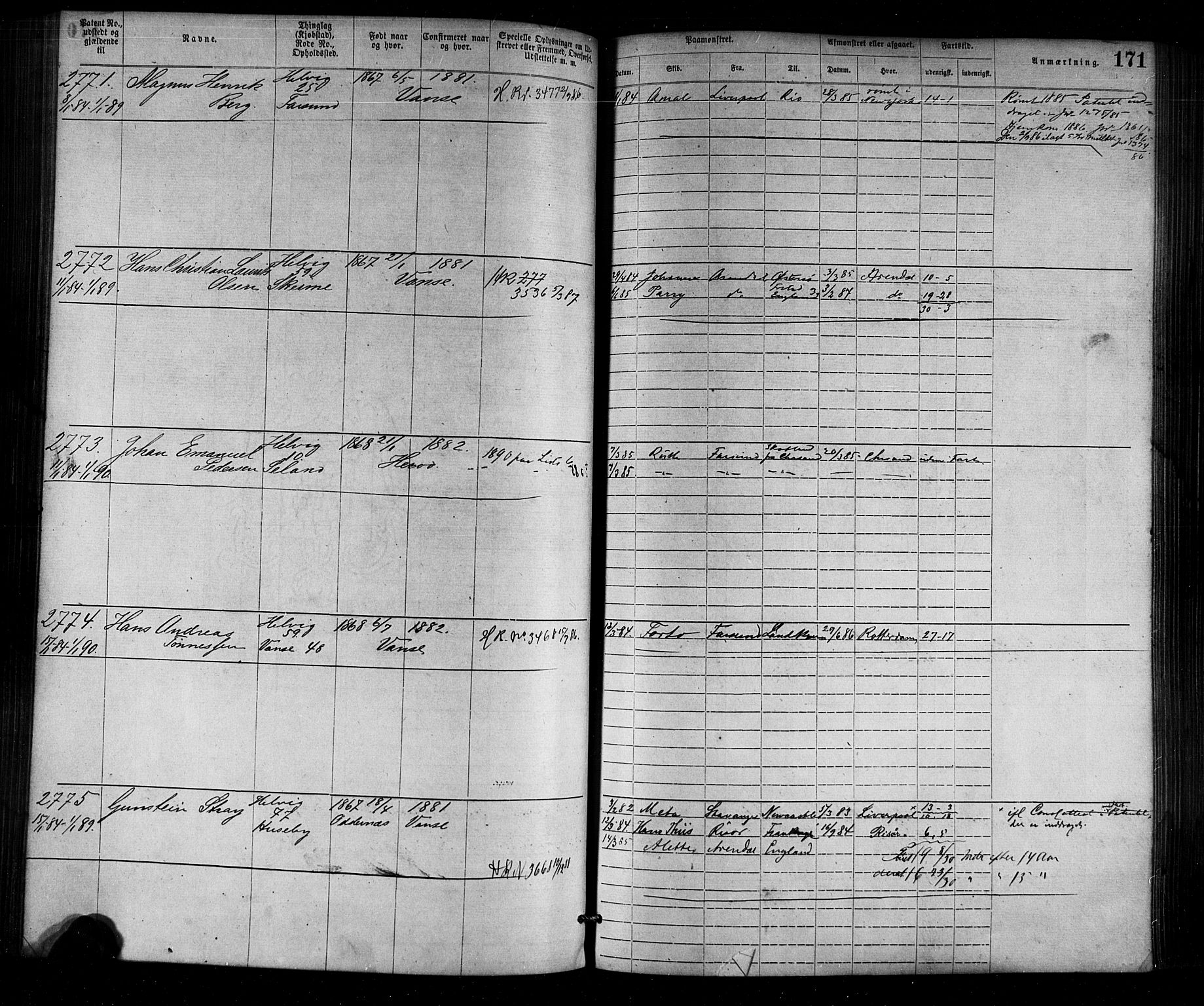 Farsund mønstringskrets, SAK/2031-0017/F/Fa/L0002: Annotasjonsrulle nr 1921-3815 med register, M-2, 1877-1894, p. 199