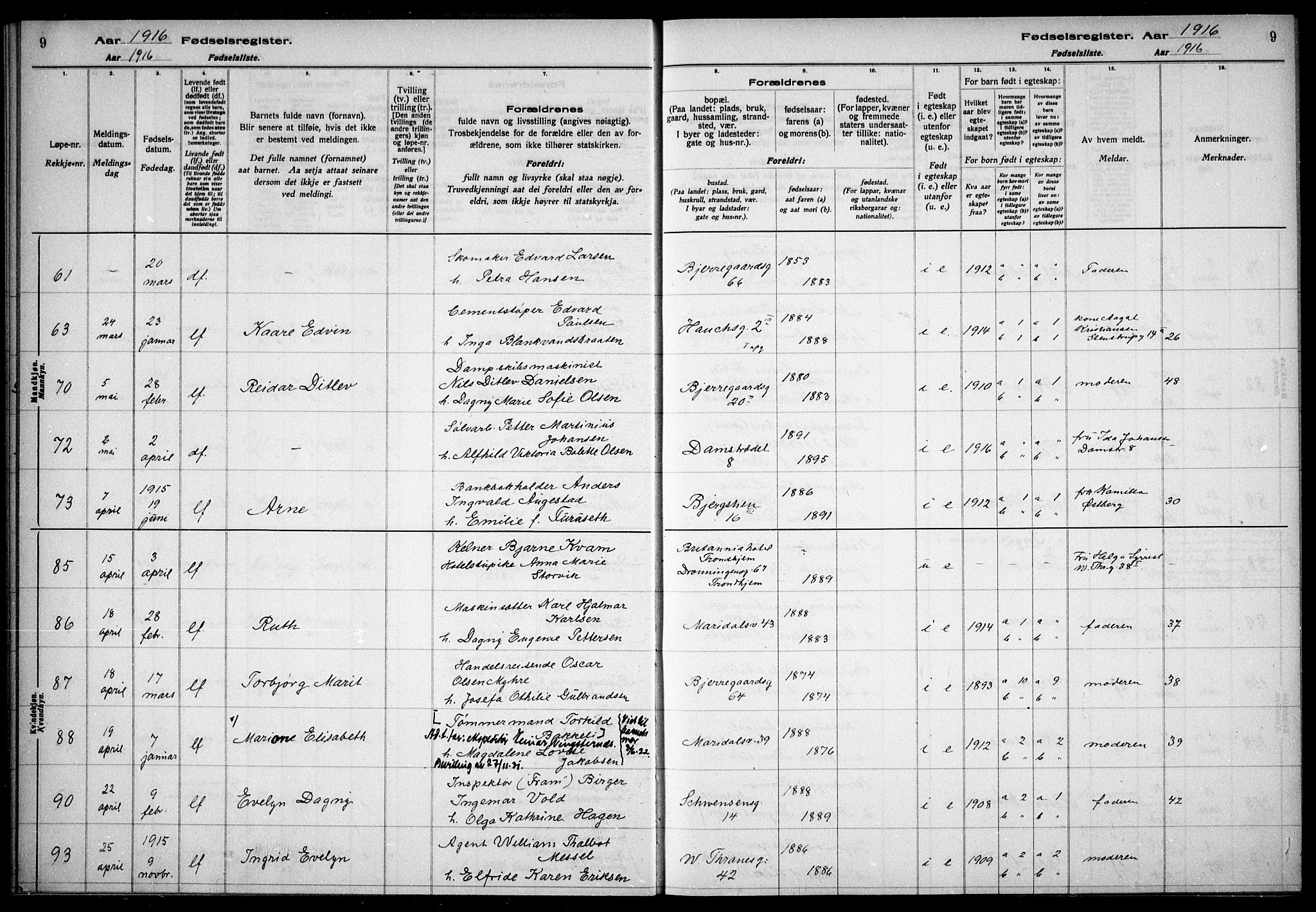 Gamle Aker prestekontor Kirkebøker, AV/SAO-A-10617a/J/L0001: Birth register no. 1, 1916-1927, p. 9