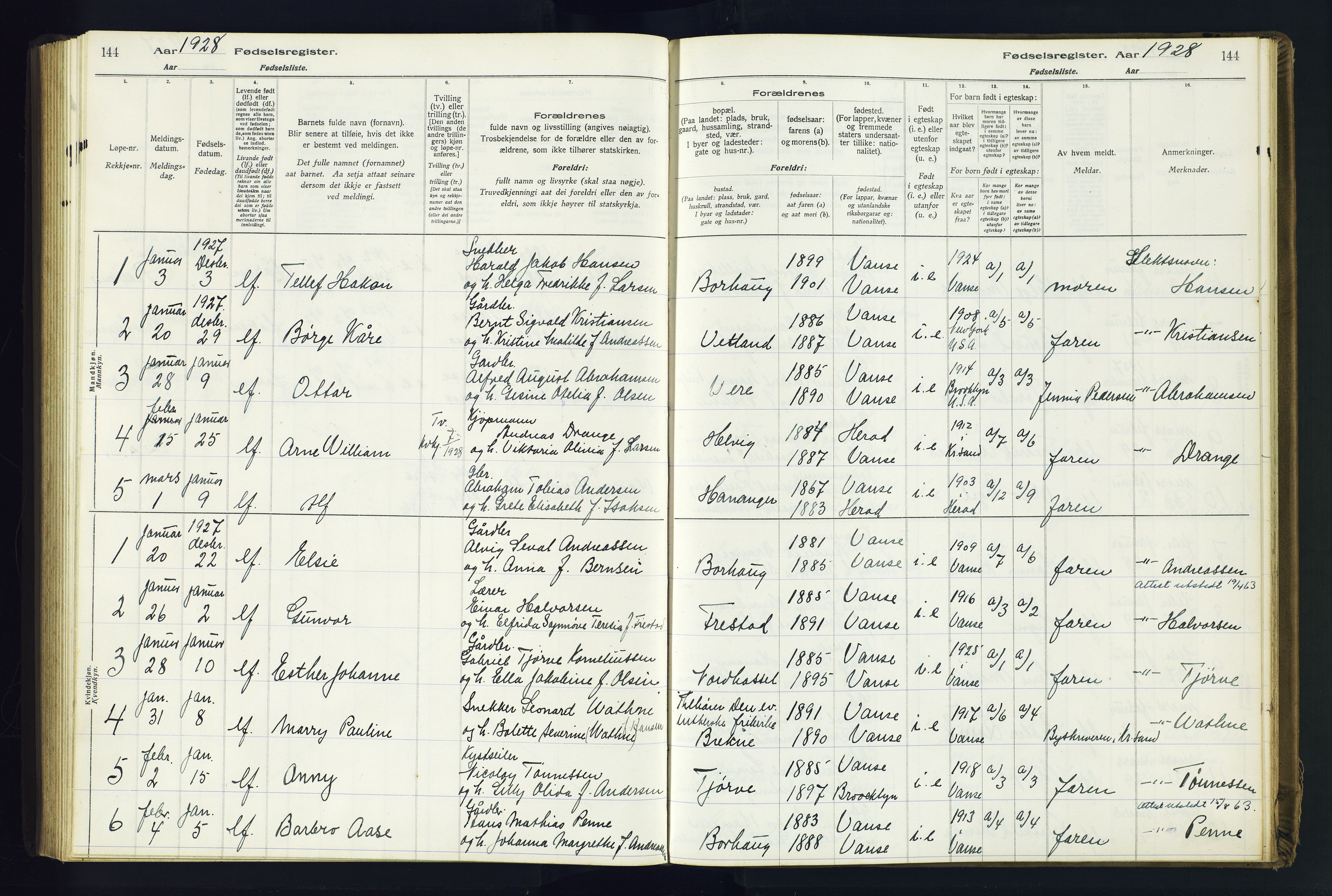 Lista sokneprestkontor, AV/SAK-1111-0027/J/Ja/L0001: Birth register no. A-VI-30, 1916-1934, p. 144