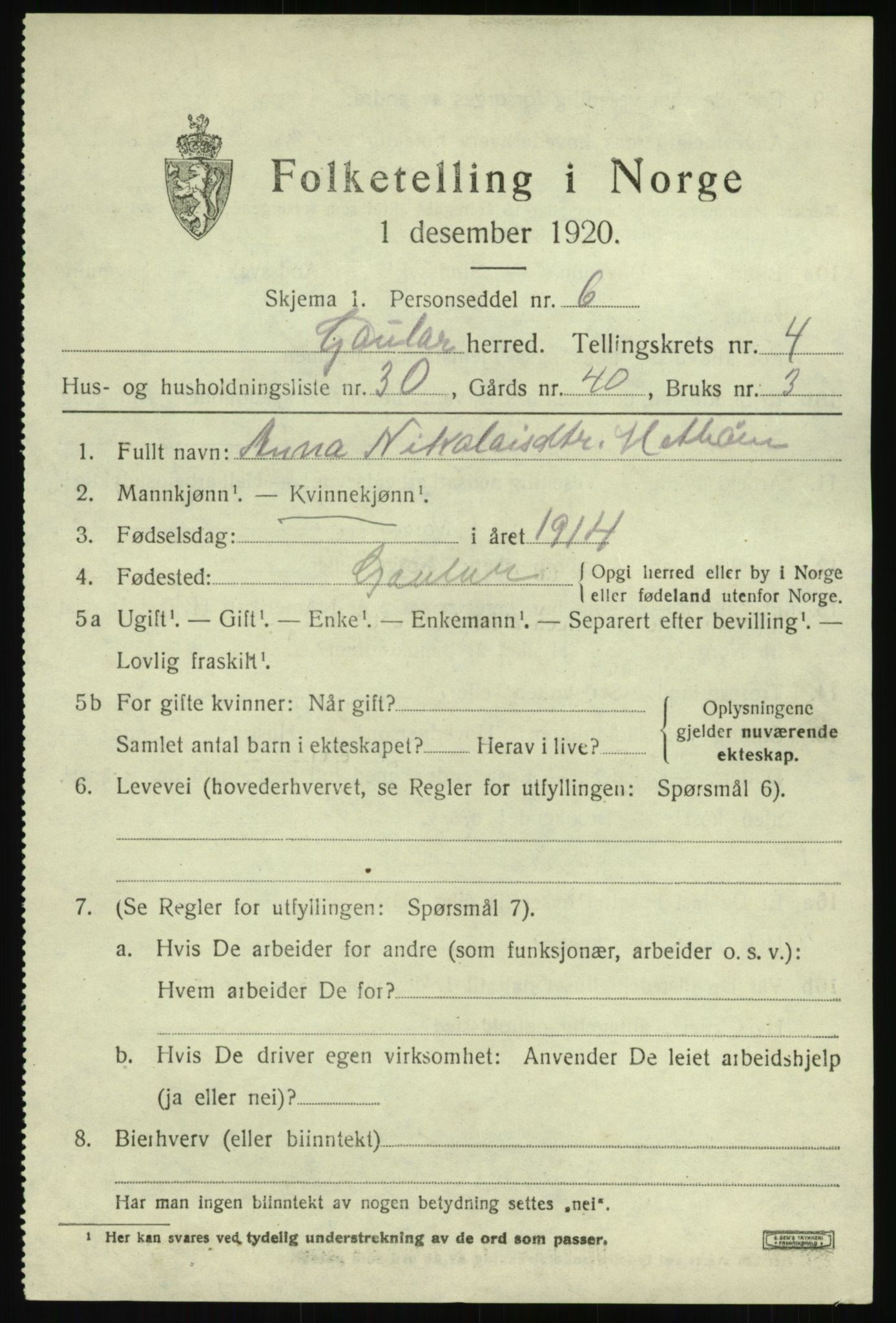 SAB, 1920 census for Gaular, 1920, p. 2512