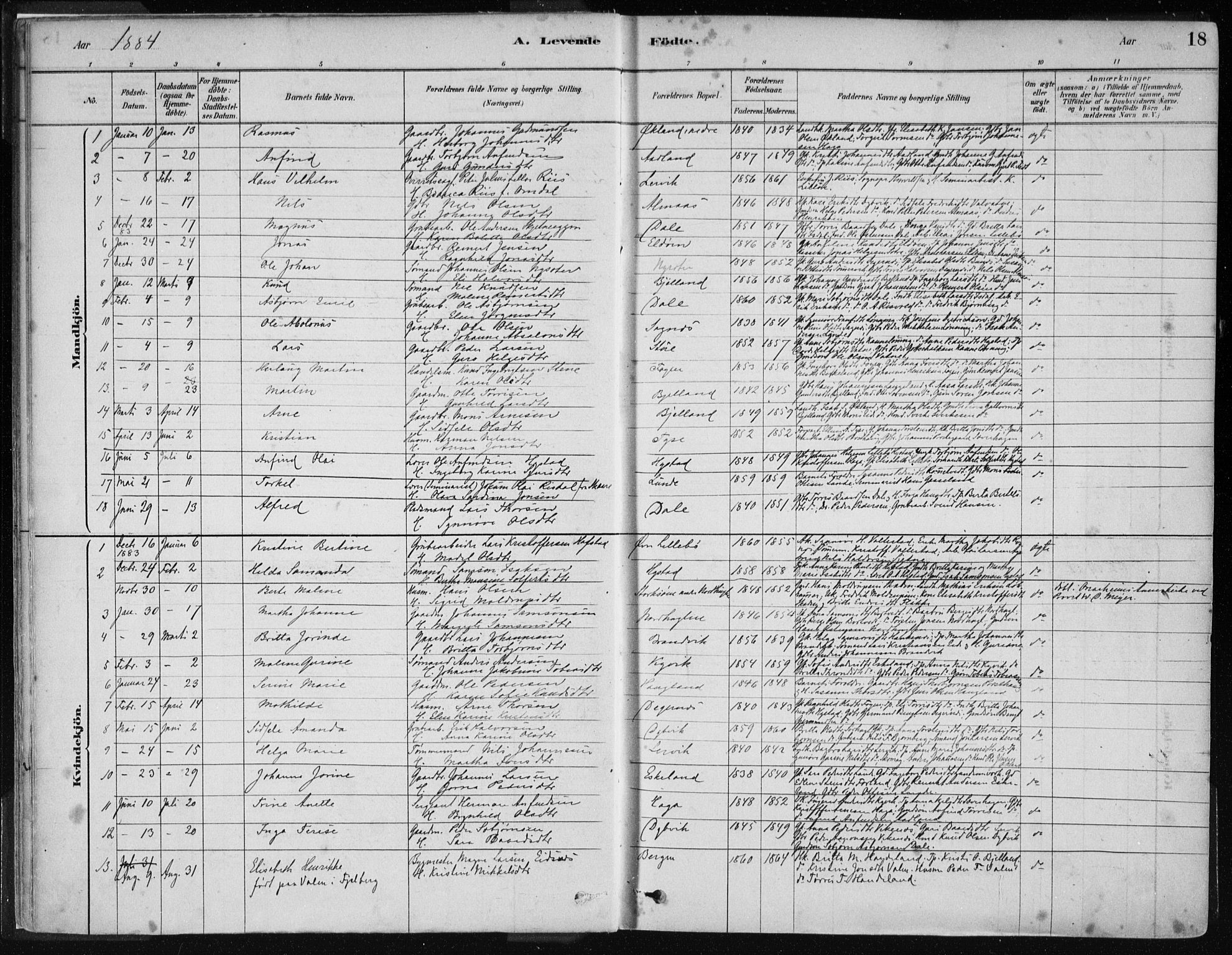 Stord sokneprestembete, SAB/A-78201/H/Haa: Parish register (official) no. B 2, 1878-1913, p. 18