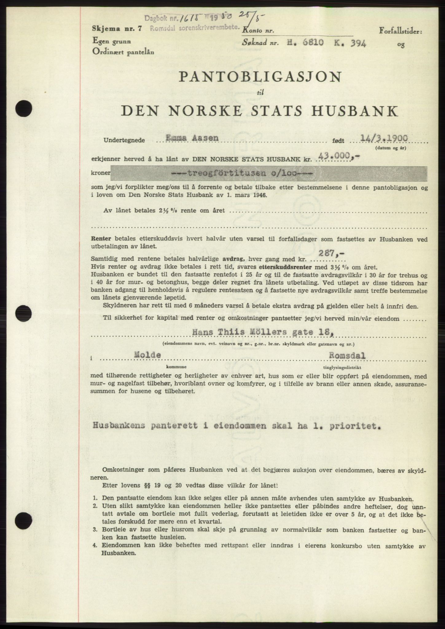 Romsdal sorenskriveri, AV/SAT-A-4149/1/2/2C: Mortgage book no. B5, 1949-1950, Diary no: : 1615/1950