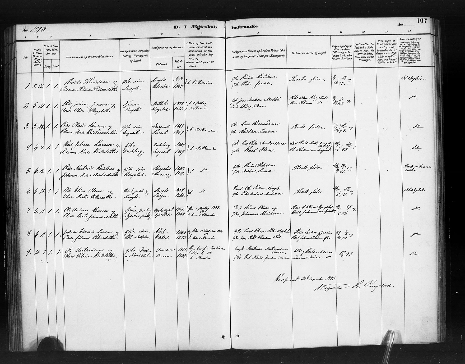 Ministerialprotokoller, klokkerbøker og fødselsregistre - Møre og Romsdal, SAT/A-1454/520/L0283: Parish register (official) no. 520A12, 1882-1898, p. 107
