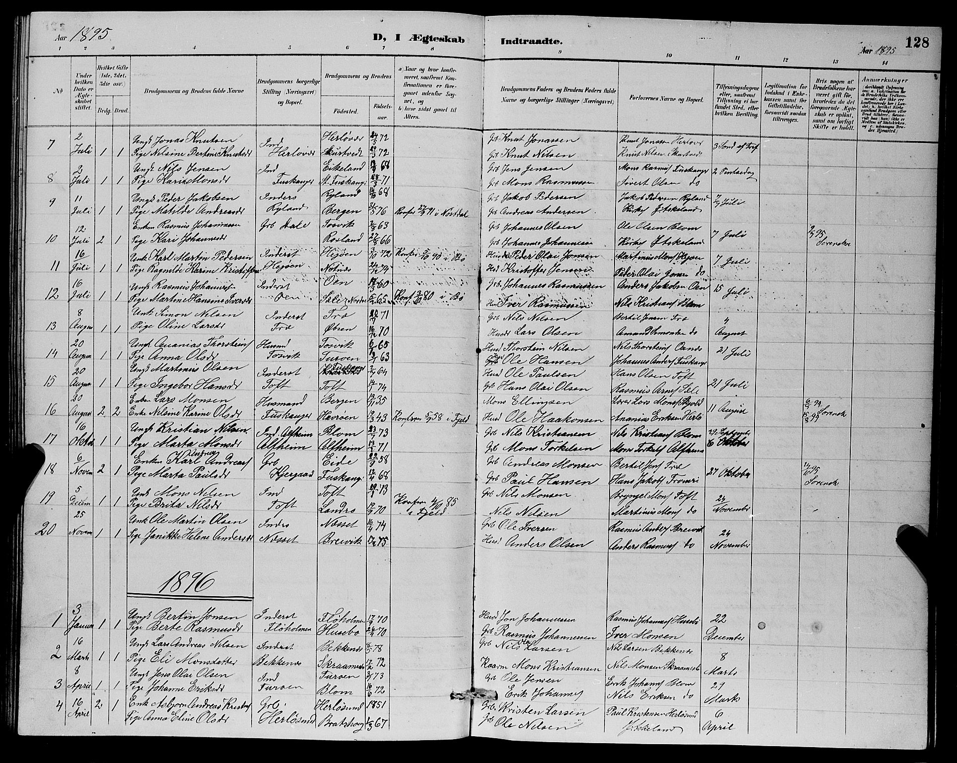 Herdla Sokneprestembete, SAB/A-75701/H/Hab: Parish register (copy) no. A 3, 1889-1899, p. 128
