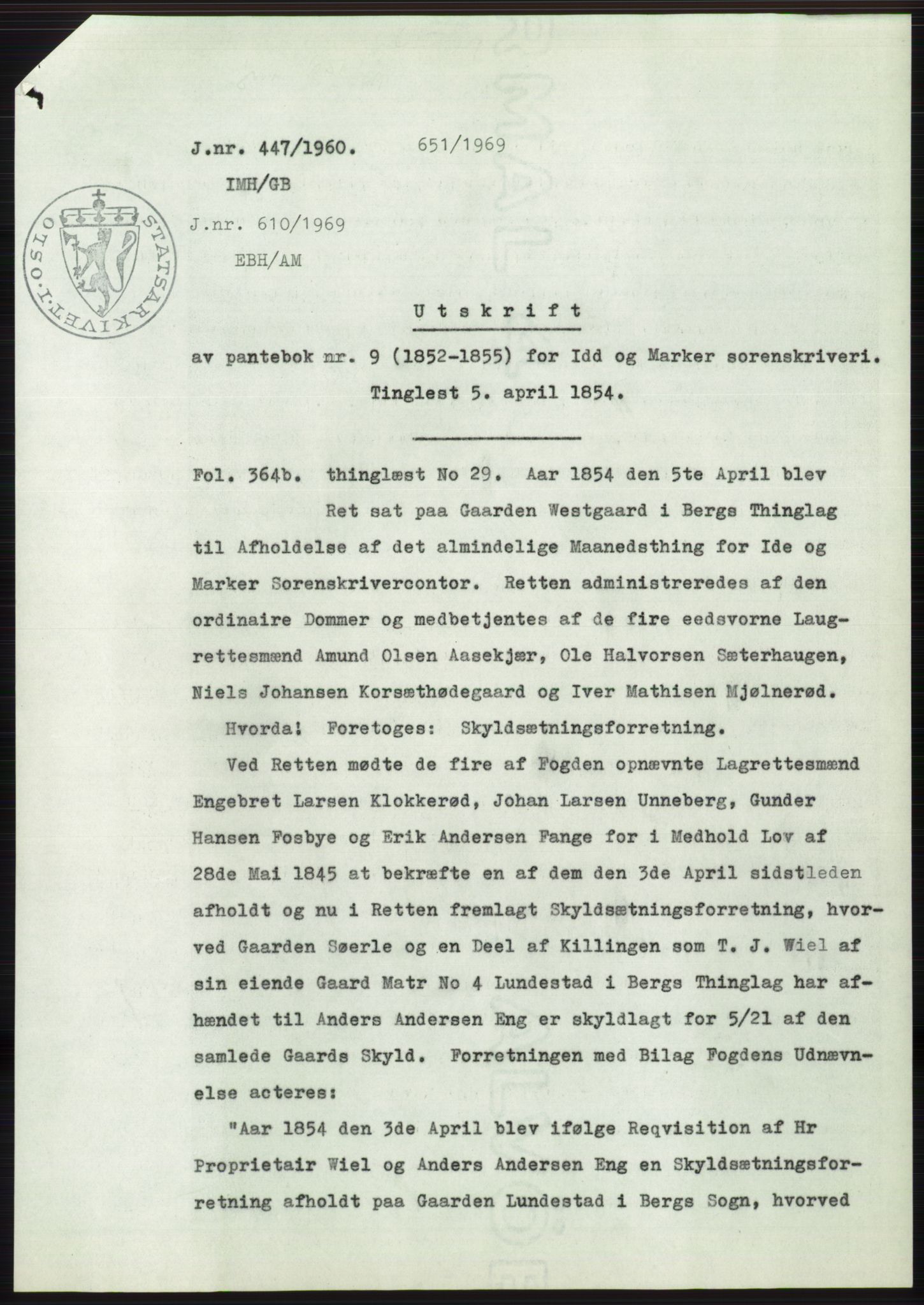 Statsarkivet i Oslo, AV/SAO-A-10621/Z/Zd/L0011: Avskrifter, j.nr 4-798/1960, 1960, p. 245