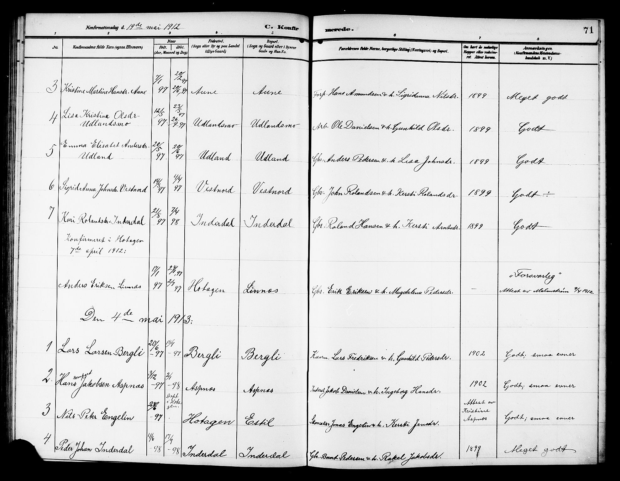 Ministerialprotokoller, klokkerbøker og fødselsregistre - Nord-Trøndelag, SAT/A-1458/757/L0506: Parish register (copy) no. 757C01, 1904-1922, p. 71