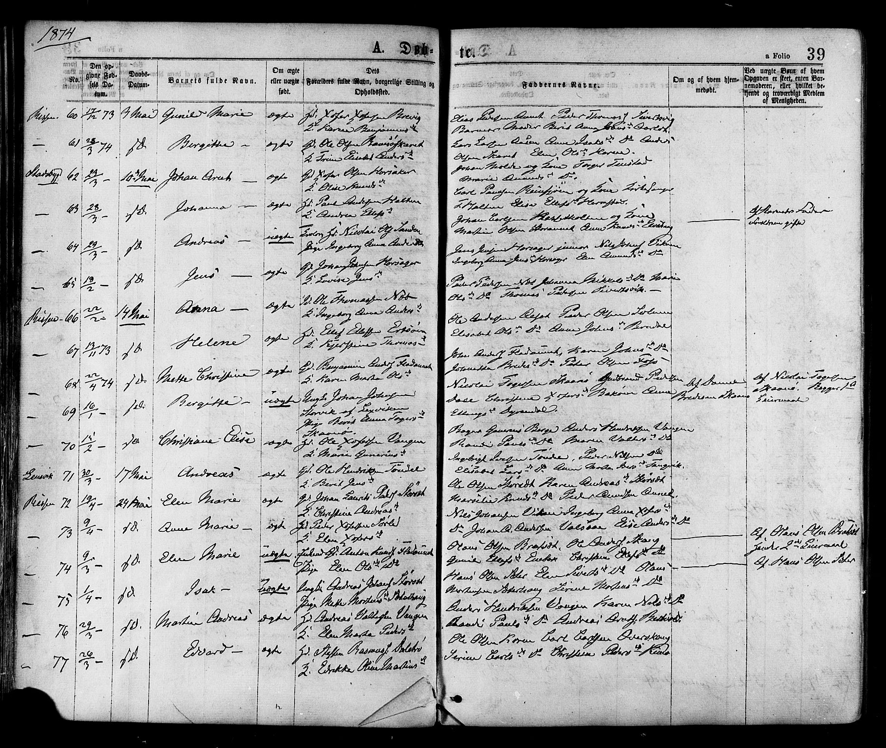 Ministerialprotokoller, klokkerbøker og fødselsregistre - Sør-Trøndelag, SAT/A-1456/646/L0613: Parish register (official) no. 646A11, 1870-1884, p. 39