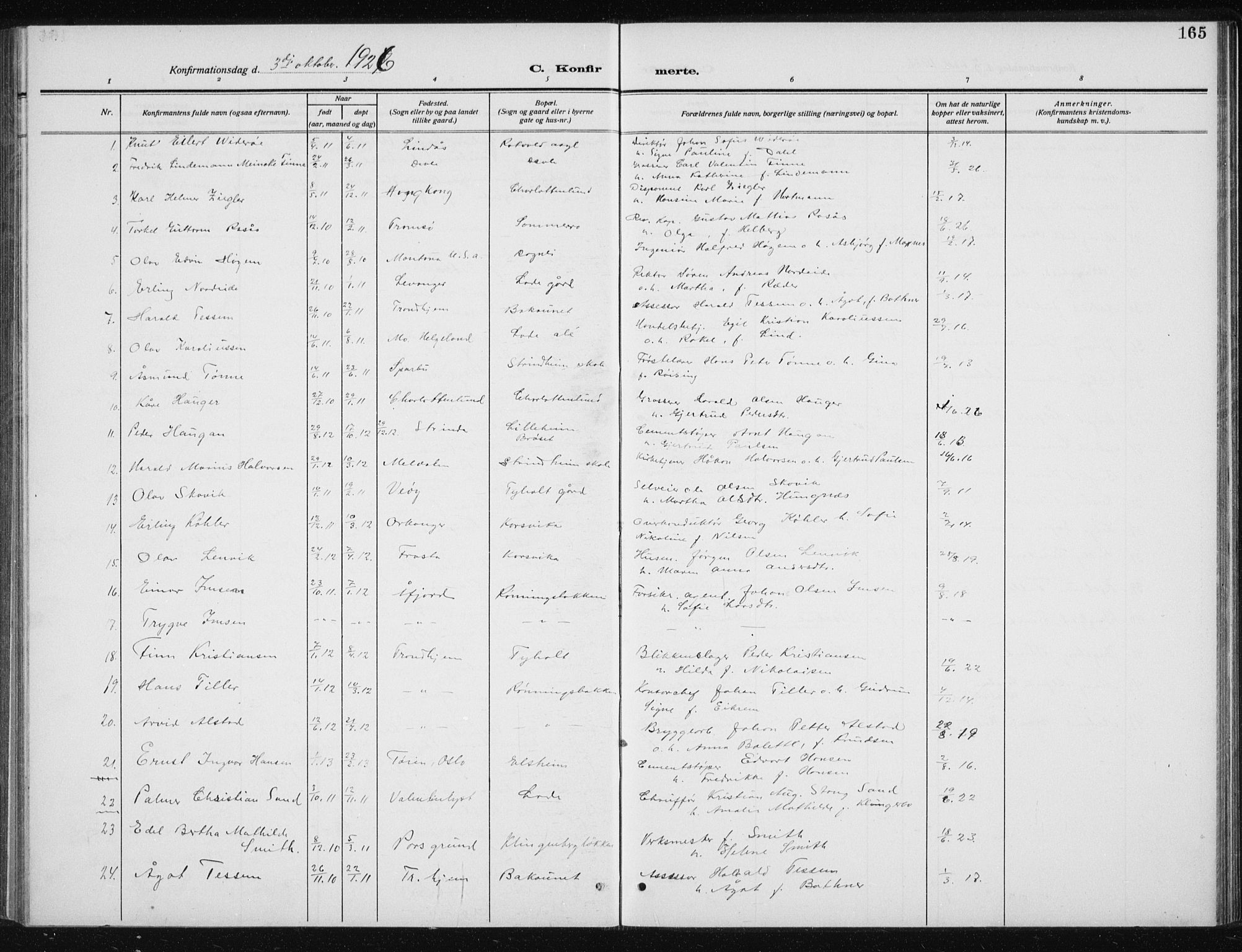 Ministerialprotokoller, klokkerbøker og fødselsregistre - Sør-Trøndelag, SAT/A-1456/606/L0314: Parish register (copy) no. 606C10, 1911-1937, p. 165