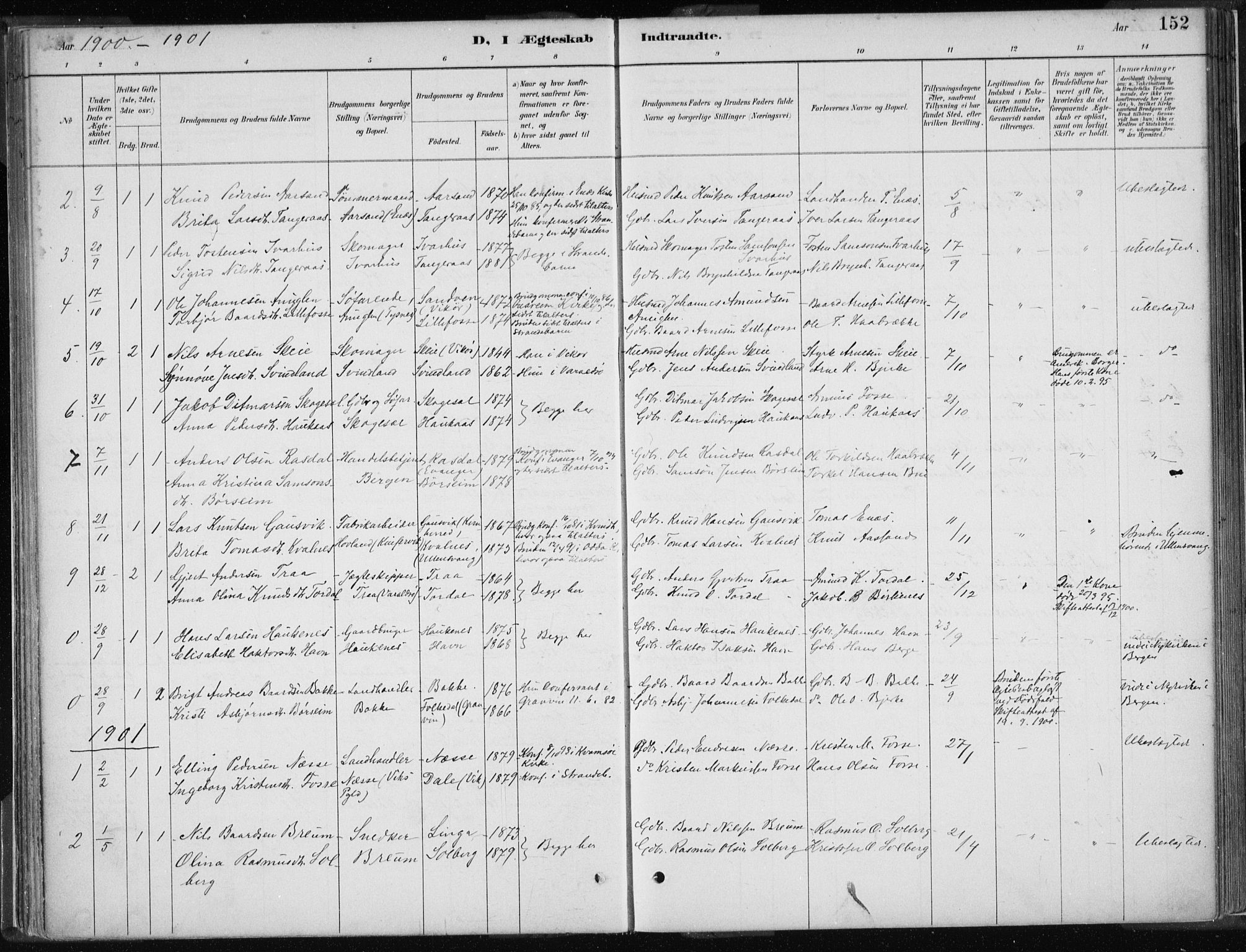 Strandebarm sokneprestembete, AV/SAB-A-78401/H/Haa: Parish register (official) no. B  1, 1886-1908, p. 152