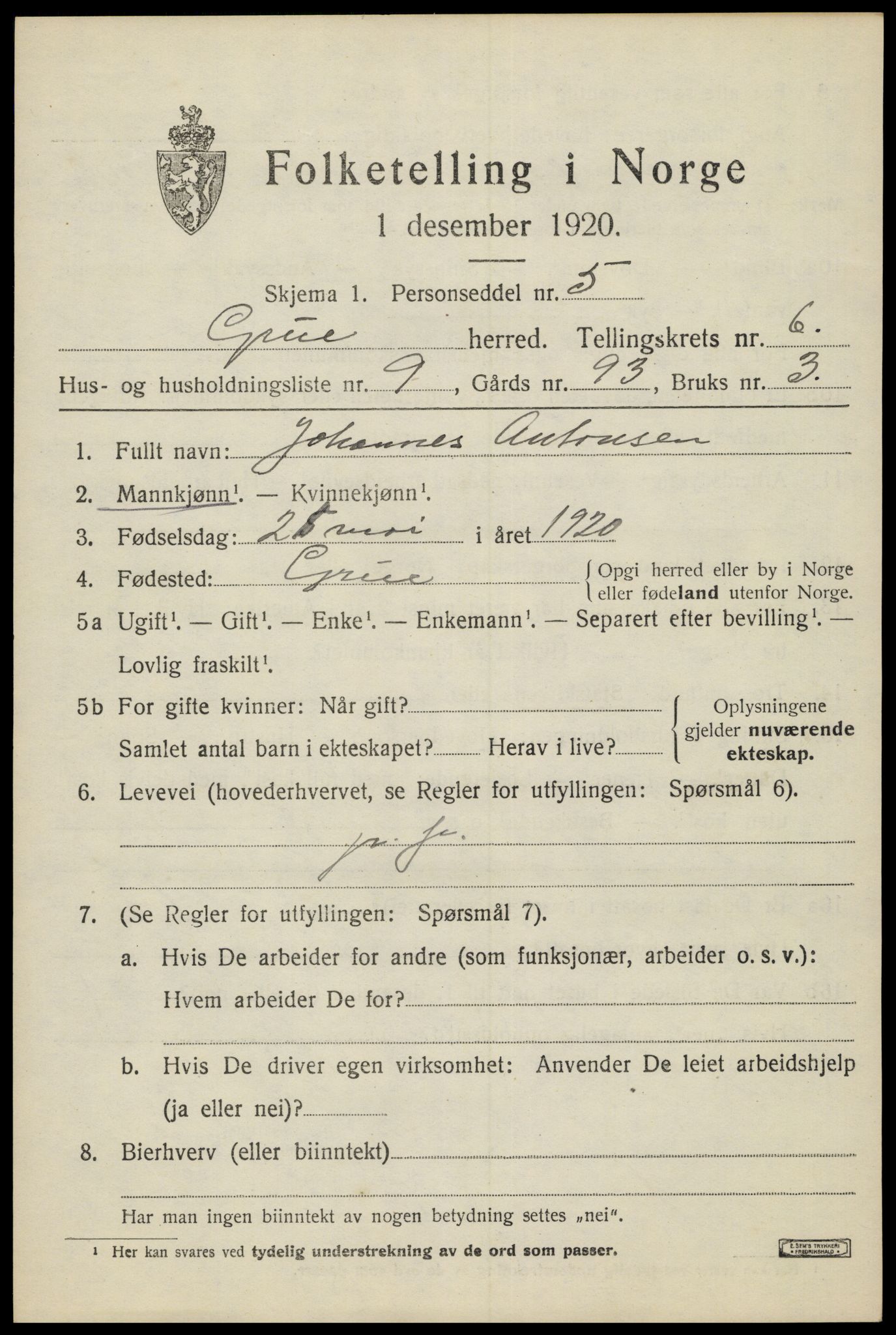 SAH, 1920 census for Grue, 1920, p. 6033