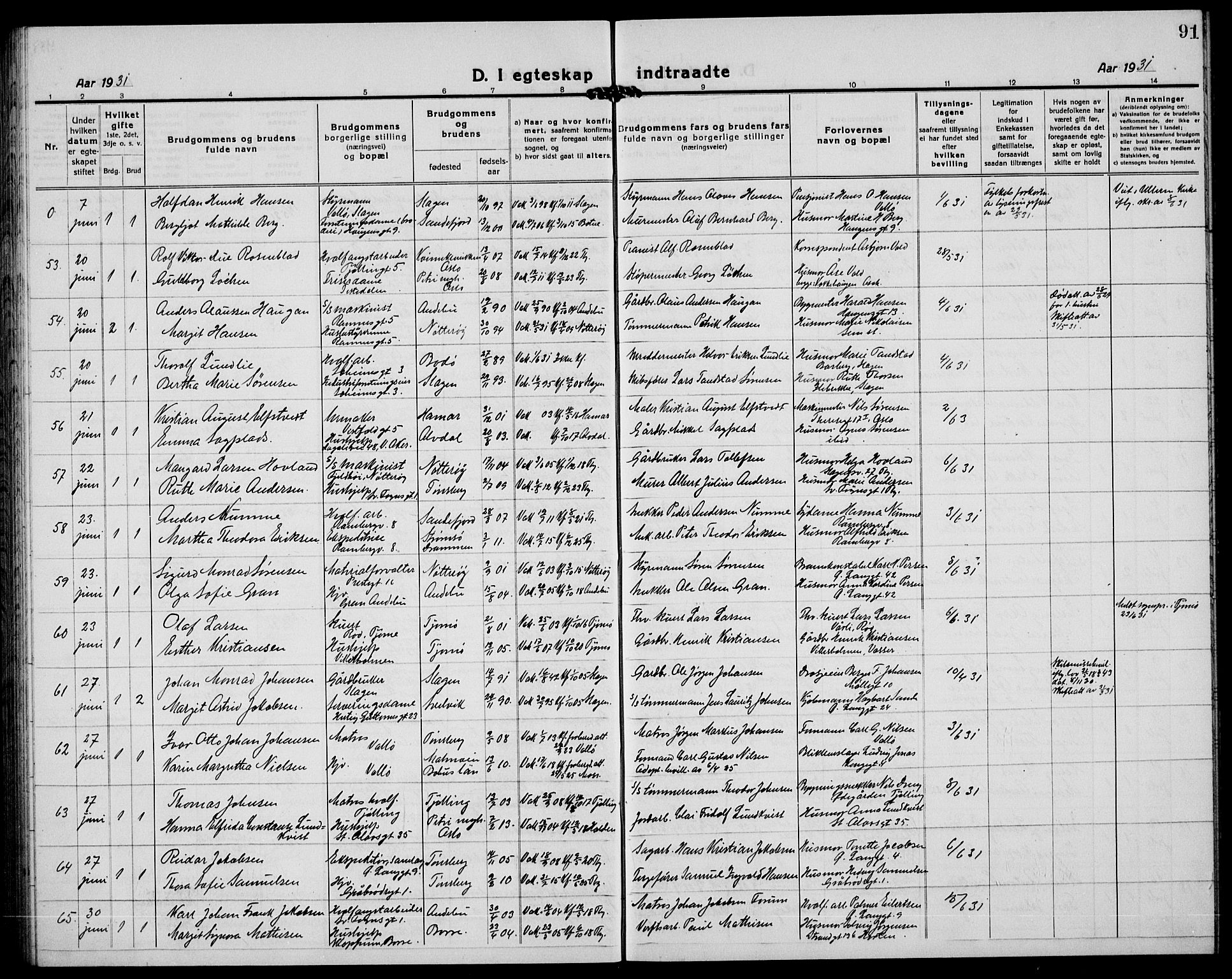 Tønsberg kirkebøker, AV/SAKO-A-330/G/Ga/L0016: Parish register (copy) no. 16, 1920-1933, p. 91