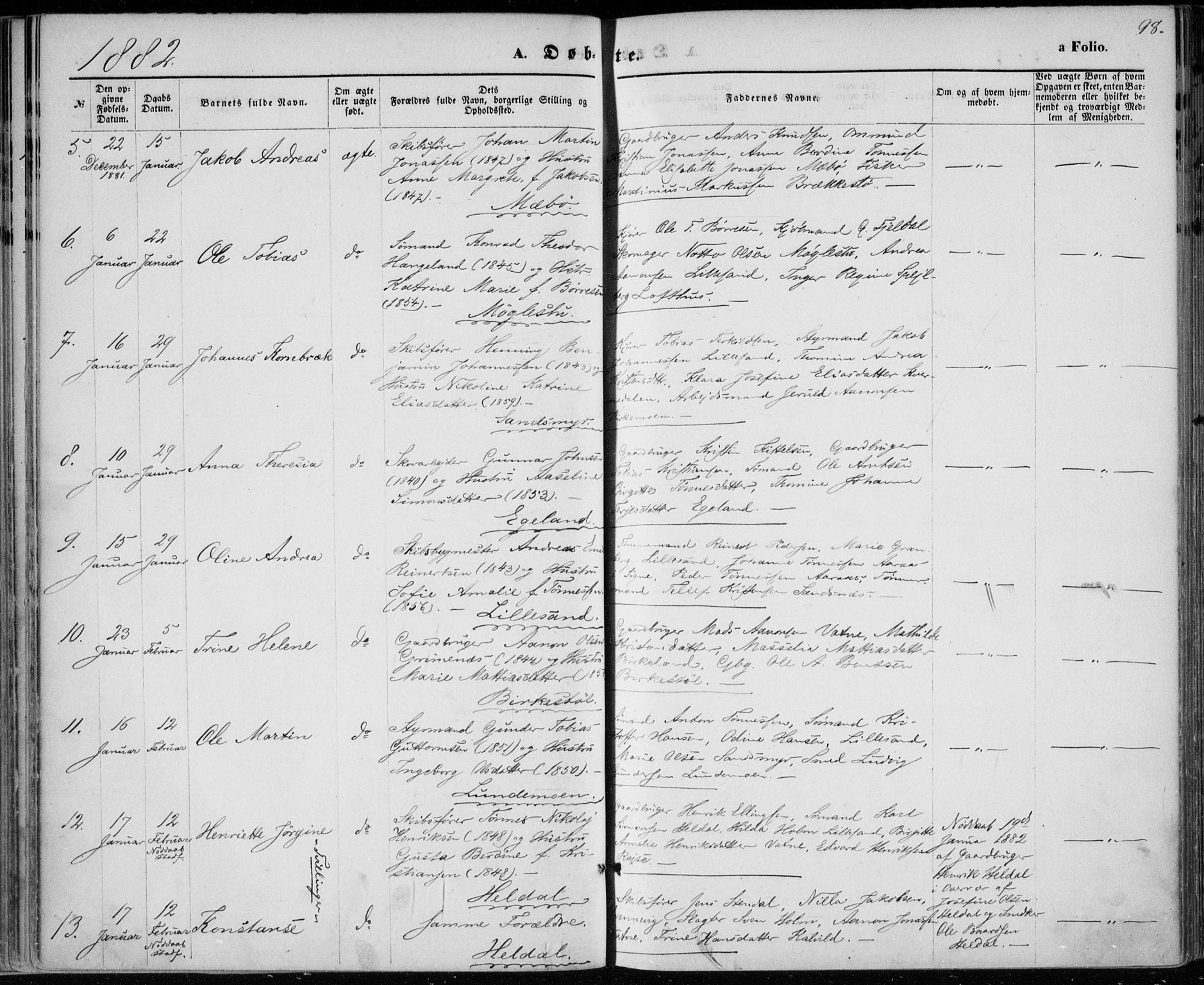Vestre Moland sokneprestkontor, AV/SAK-1111-0046/F/Fa/Fab/L0008: Parish register (official) no. A 8, 1873-1883, p. 98