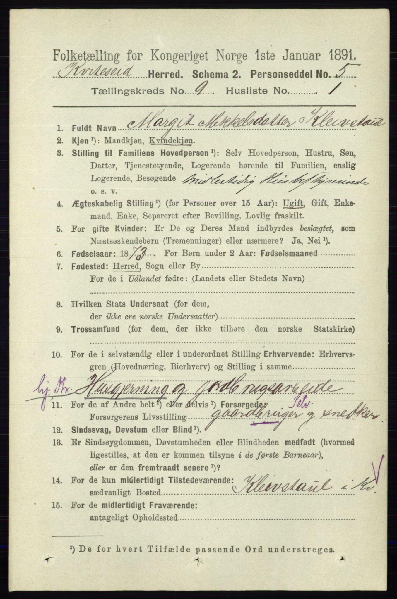 RA, 1891 census for 0829 Kviteseid, 1891, p. 1995