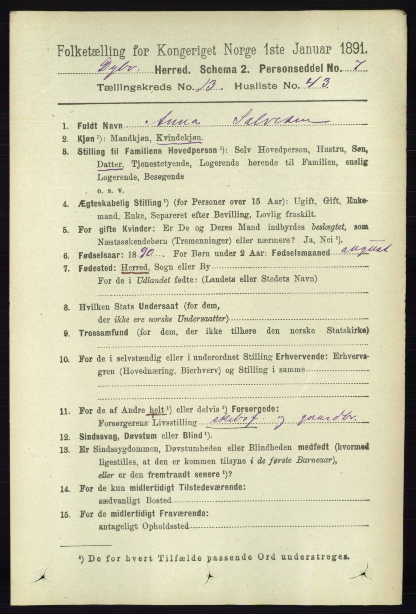 RA, 1891 census for 0915 Dypvåg, 1891, p. 5562