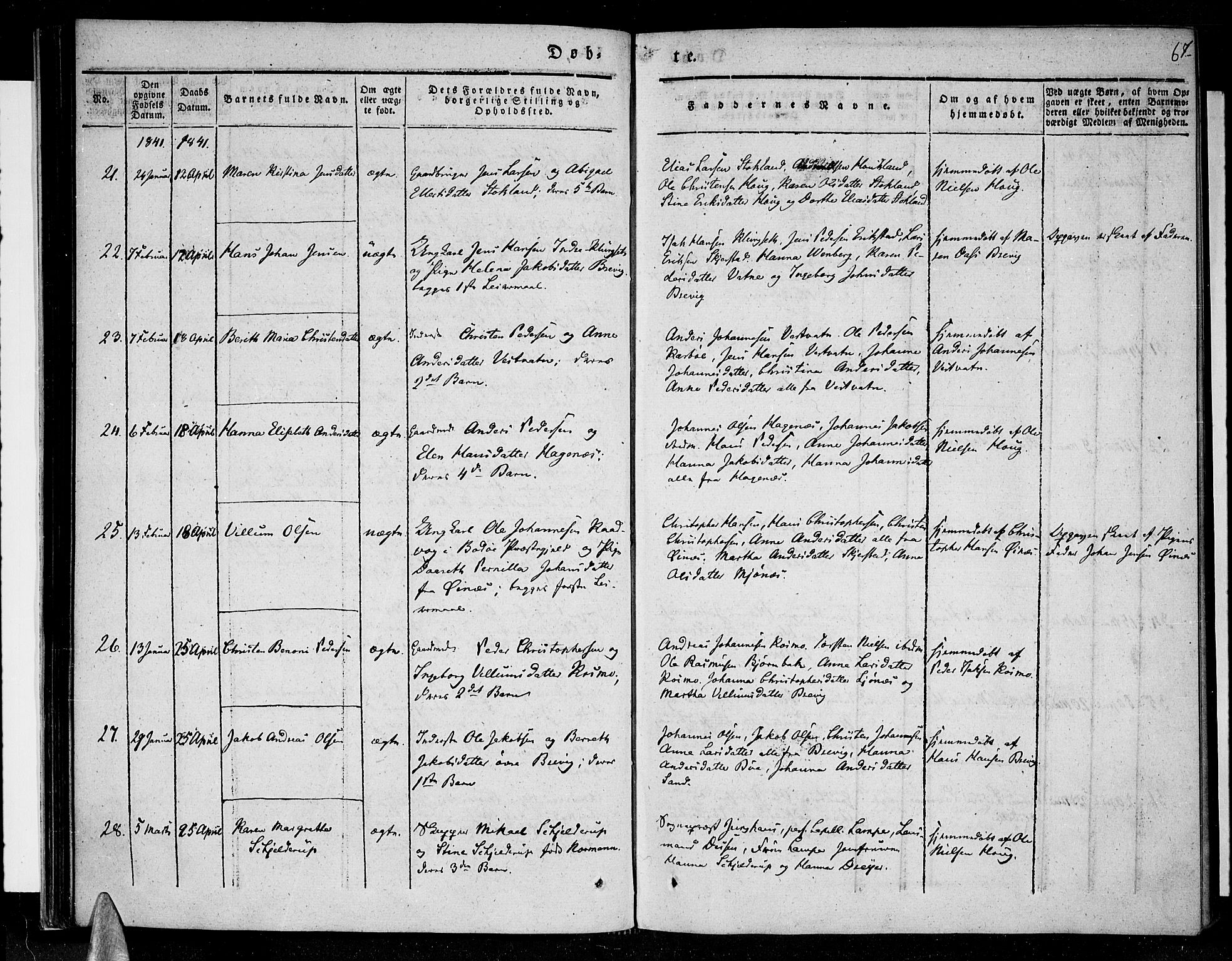 Ministerialprotokoller, klokkerbøker og fødselsregistre - Nordland, AV/SAT-A-1459/852/L0737: Parish register (official) no. 852A07, 1833-1849, p. 67