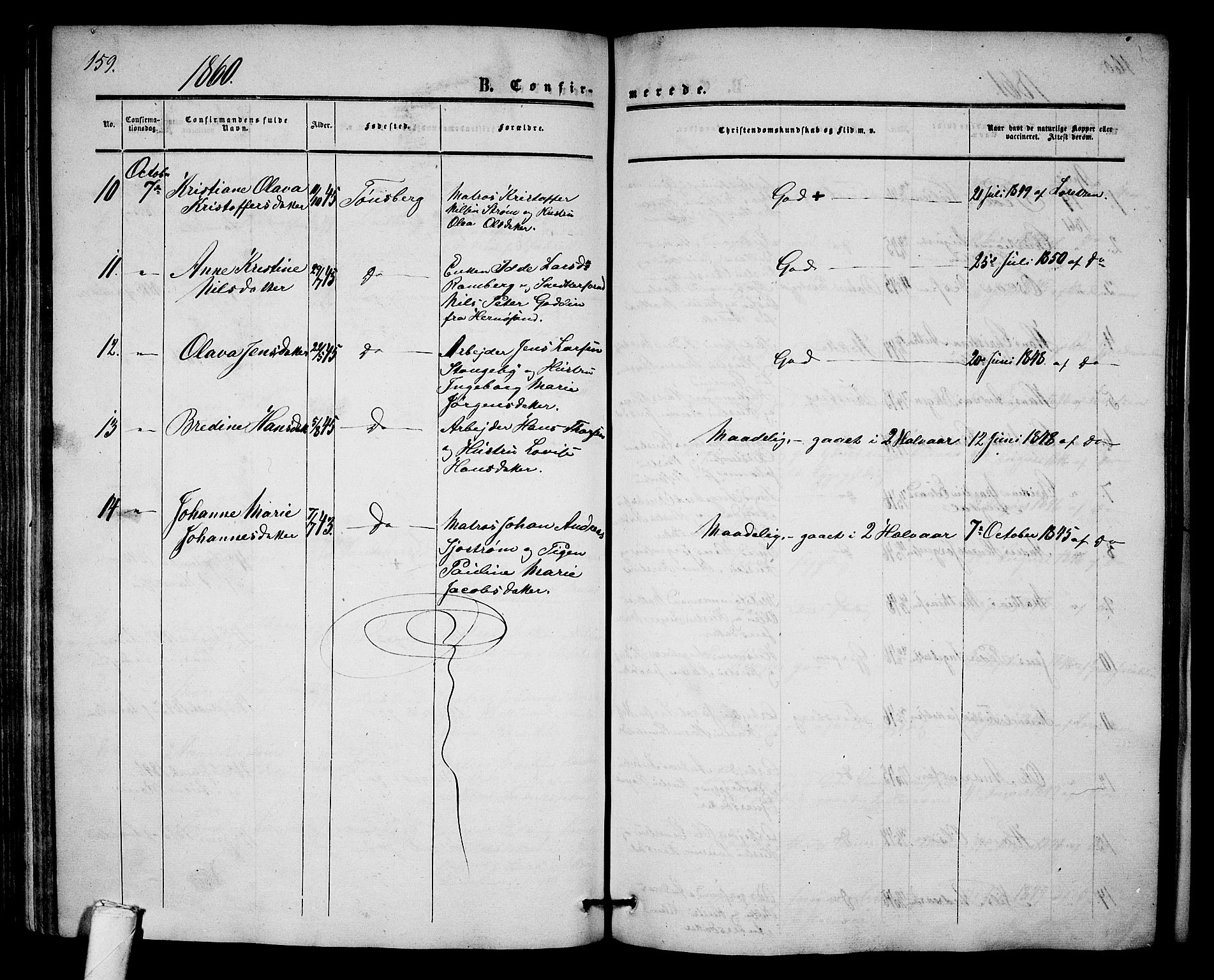 Tønsberg kirkebøker, SAKO/A-330/G/Ga/L0003: Parish register (copy) no. 3, 1855-1864, p. 159