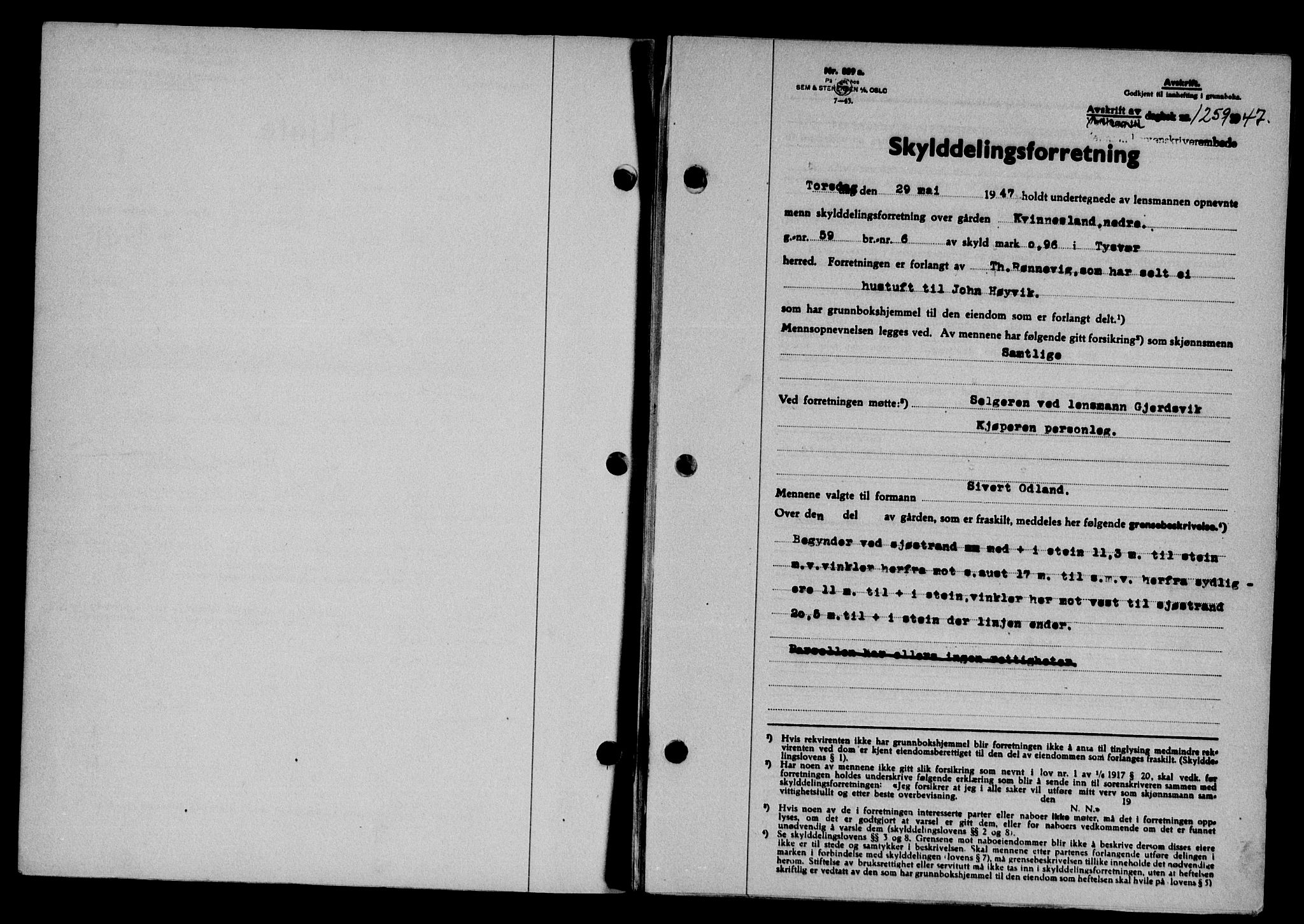 Karmsund sorenskriveri, SAST/A-100311/01/II/IIB/L0090: Mortgage book no. 70A, 1947-1947, Diary no: : 1259/1947